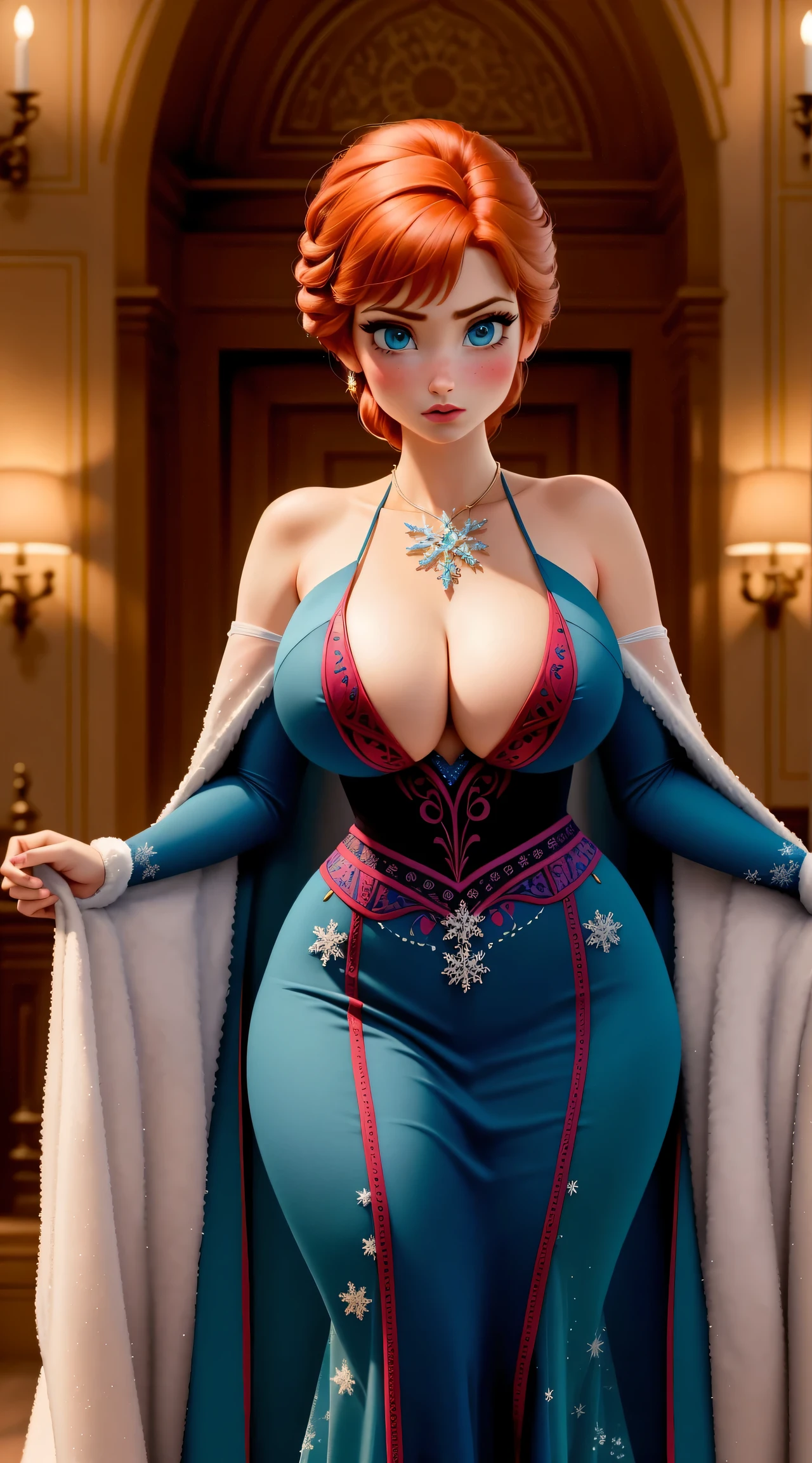 ,30 years old Anna from Frozen, woman, ((Masterpiece, best quality)), full body view, wide hips, bursting huge breasts, detailed skin, Anna from Frozen,  highly detailed, cinematic lighting, ultra realistic, blush, looking at viewer, Anna, Anna from movie Frozen, red hair, blue eyes, huge breasts, tall body, long sexy legs, perfect body.