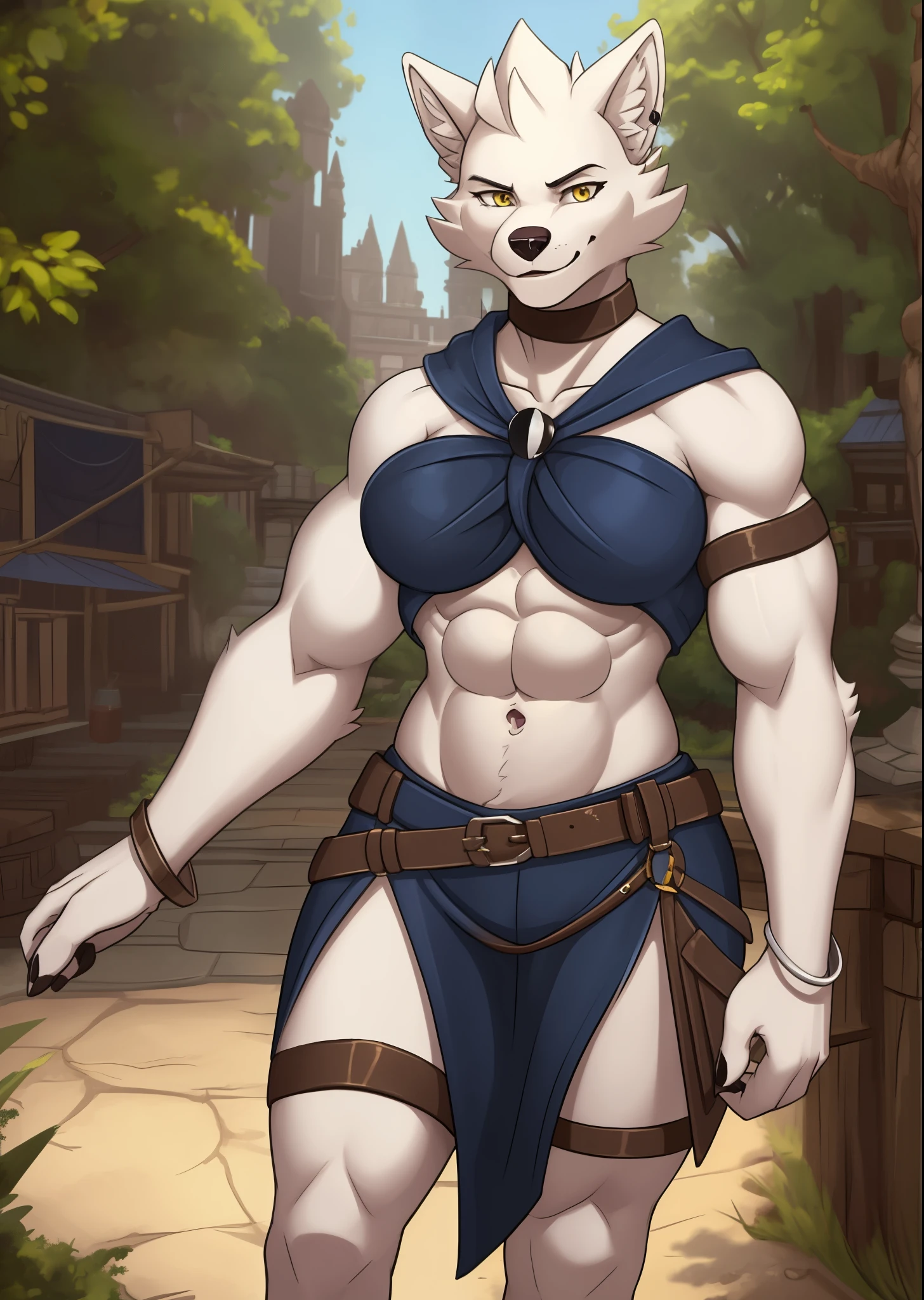 verissa, solo female, solo, clothed, looking at viewer, smile, navel, bare shoulders, closed mouth, collarbone, choker, belt, bracelet, arm support, ring, armlet, breasts, medium breasts, sunny day, canine face, snout, canine, wolf, (white fur), (abs:1.4), (large arm muscles:1.2), (large leg muscles:1.2), (tall female:1.2)