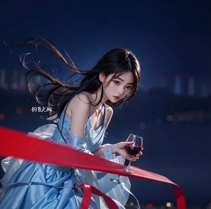 Chinese girl in a blue dress holding a glass of wine, guweiz, beautiful  girl, black hair, fly away hair,pointed nose, beautiful lips, attractive eyes, realistic ultra details, high quality face
