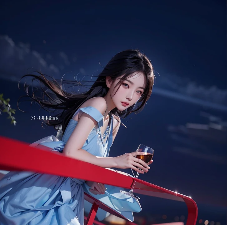 Chinese girl in a blue dress holding a glass of wine, guweiz, beautiful girl, black hair, fly away hair,pointed nose, beautiful lips, attractive eyes, realistic ultra details, high quality face