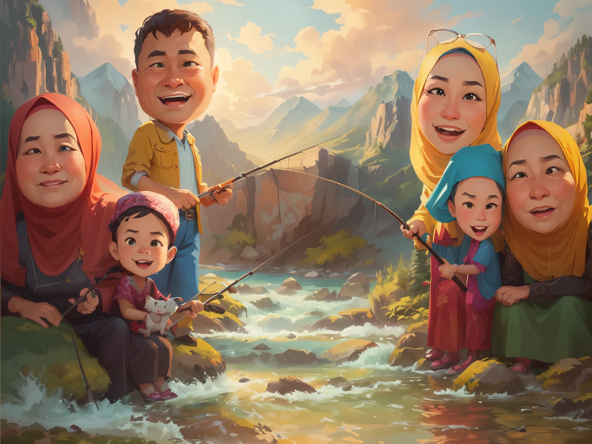 a painting of a family fishing in a river with a mountain backdrop, Two grandmothers on the left and right wearing hijabs, sitting on river rocks, caricature illustration, in cartoon style, caricature style, cartoon style illustration, cartoon artstyle, realistic cartoon, cartoon art, cartoon digital art, an indonesian muslim family portrait, digital art cartoon, cartoon digital painting, happy family, potrait, cartoon painting, cartoon art style, 3 d cartoon