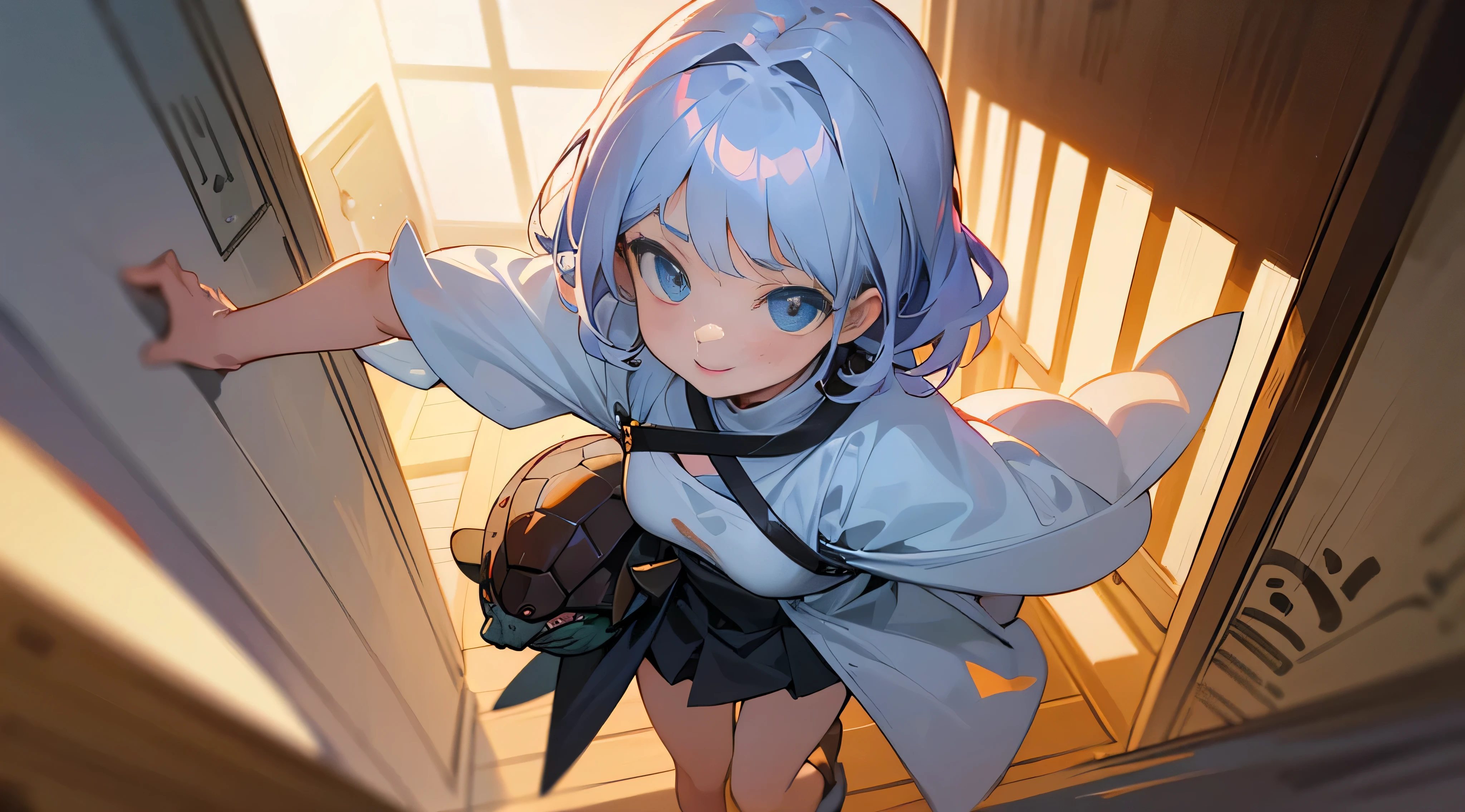 (SFW), tmasterpiece, Best quality, highres 64k, professionalartwork, famousartwork, Clean, 电影灯光, pretty eyes + the detail, beautiful hairl + the detail, (Cute young female body:1.4), (Cute little turtle), lactation, Happy:1.3, ssmile:1.3, sexy looking at the viewer, s lips, Flutter,anos error 2, ((tfg1:1.5)), Indoors, doorways, The door opened, from the above