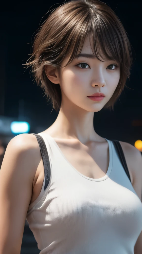 8k, Masterpiece, Best Quality, Photorealistic, CG, UHD, Depth of Field, Cinematic Light, Lens Flare, Ray Tracing, Highly Detailed, Ultra Realistic, Soft Light, 1girl, 20 year old Korean girl, medium-short hair, brown hair, beautiful lips, beautiful brown eyes, double eyelids, ultra detailed skin, white skin, kpop style, slender body, train station, outdoor night, crowd, neon lights