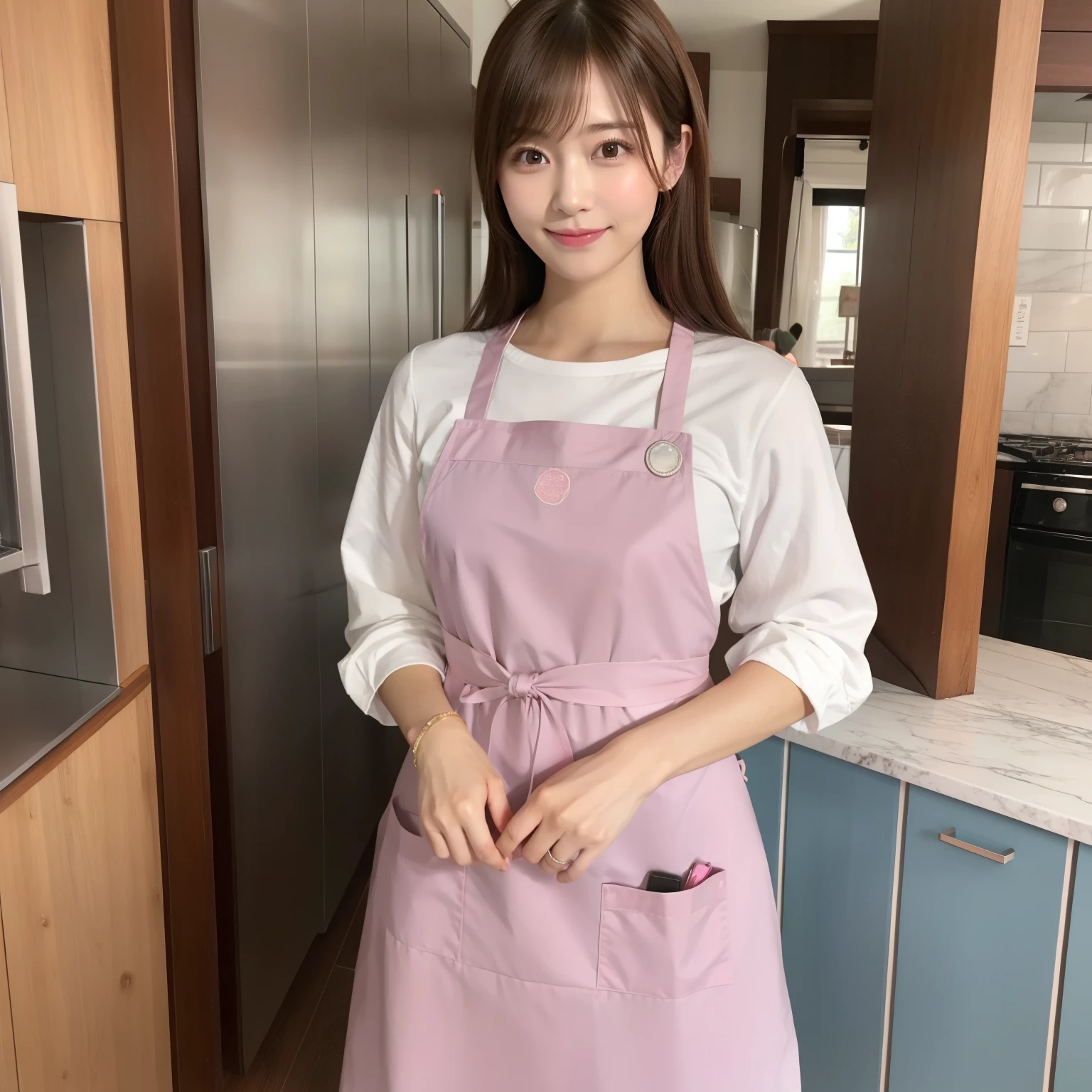 A woman wearing a cute pink apron、I&#39;m sweeping。ren、Beautuful Women、It's shiny、Brown hair