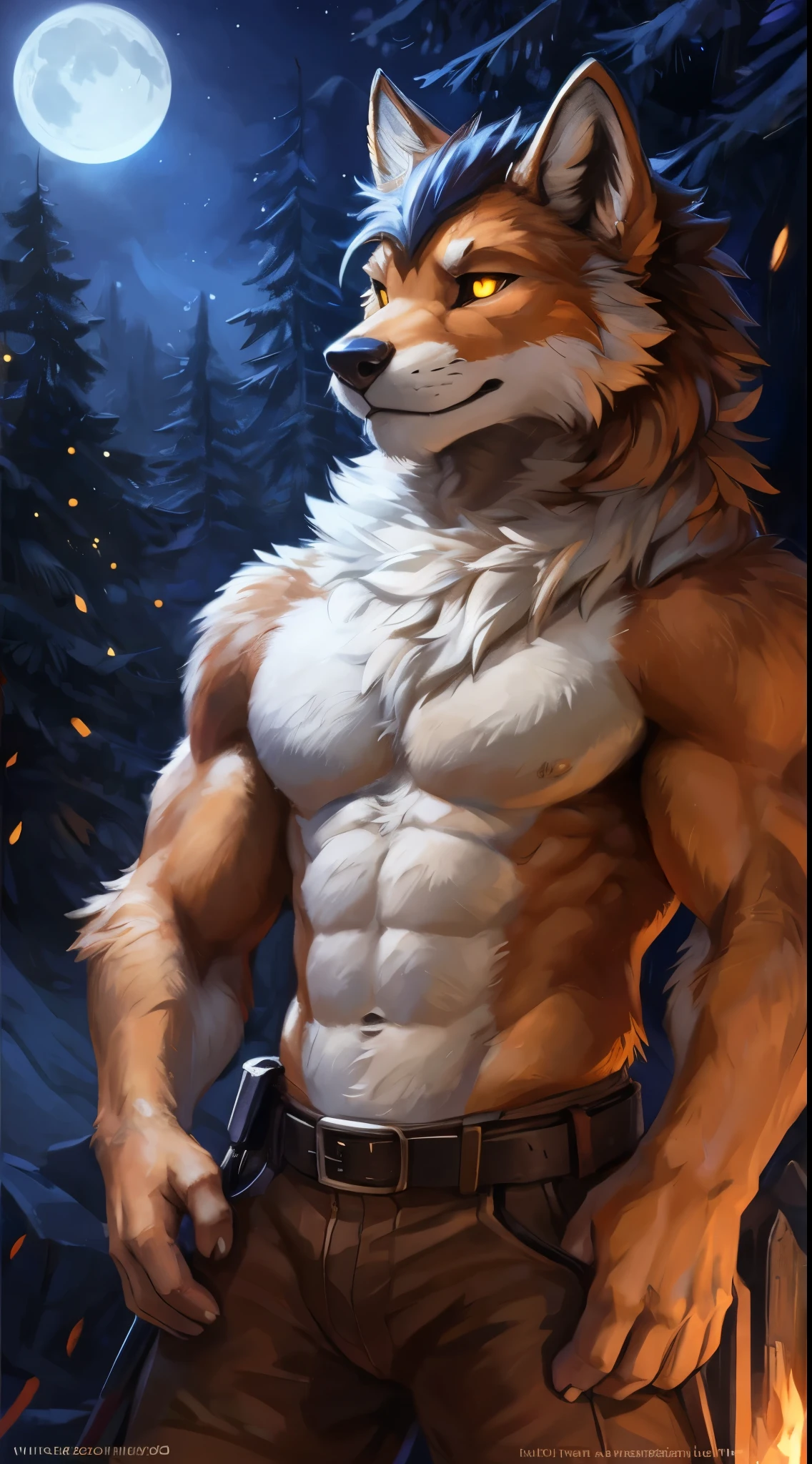 anthro, orange fox, male, adult, buffed body, beefy body, furred body, furry chest hair, in the forest, cold climate, realistic, full body, photorealistic, ultra realistic, 8k, bare-chested, black nipples, blue eyes, in back turned posing 