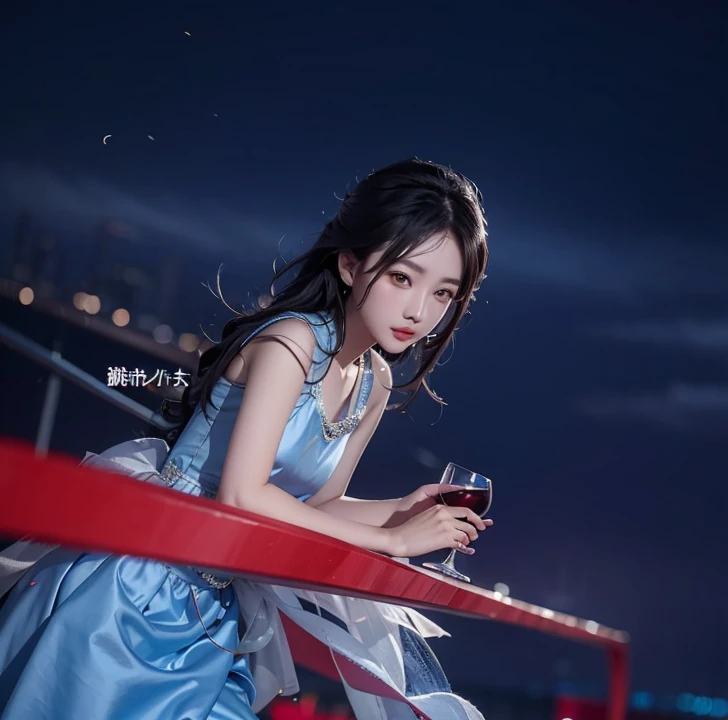Chinese girl in a blue dress holding a glass of wine, guweiz, beautiful face, black hair, fly away hair, beautiful lips, realistic ultra details, high quality face