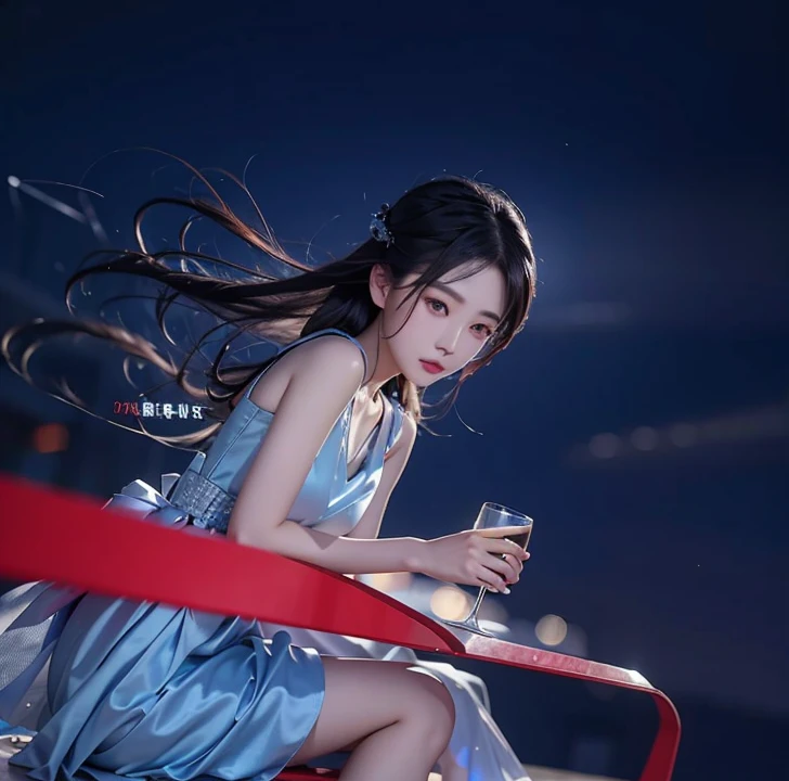 Chinese girl in a blue dress holding a glass of wine, guweiz, beautiful face, black hair, fly away hair, beautiful lips, realistic ultra details, high quality face