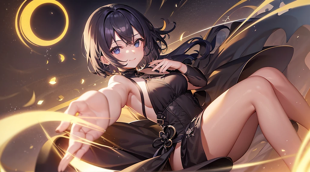 PC Wallpapers、One person、Long black dress with little exposure、beige colored hair、short-hair、Marl、smiling girl、dual-wielding