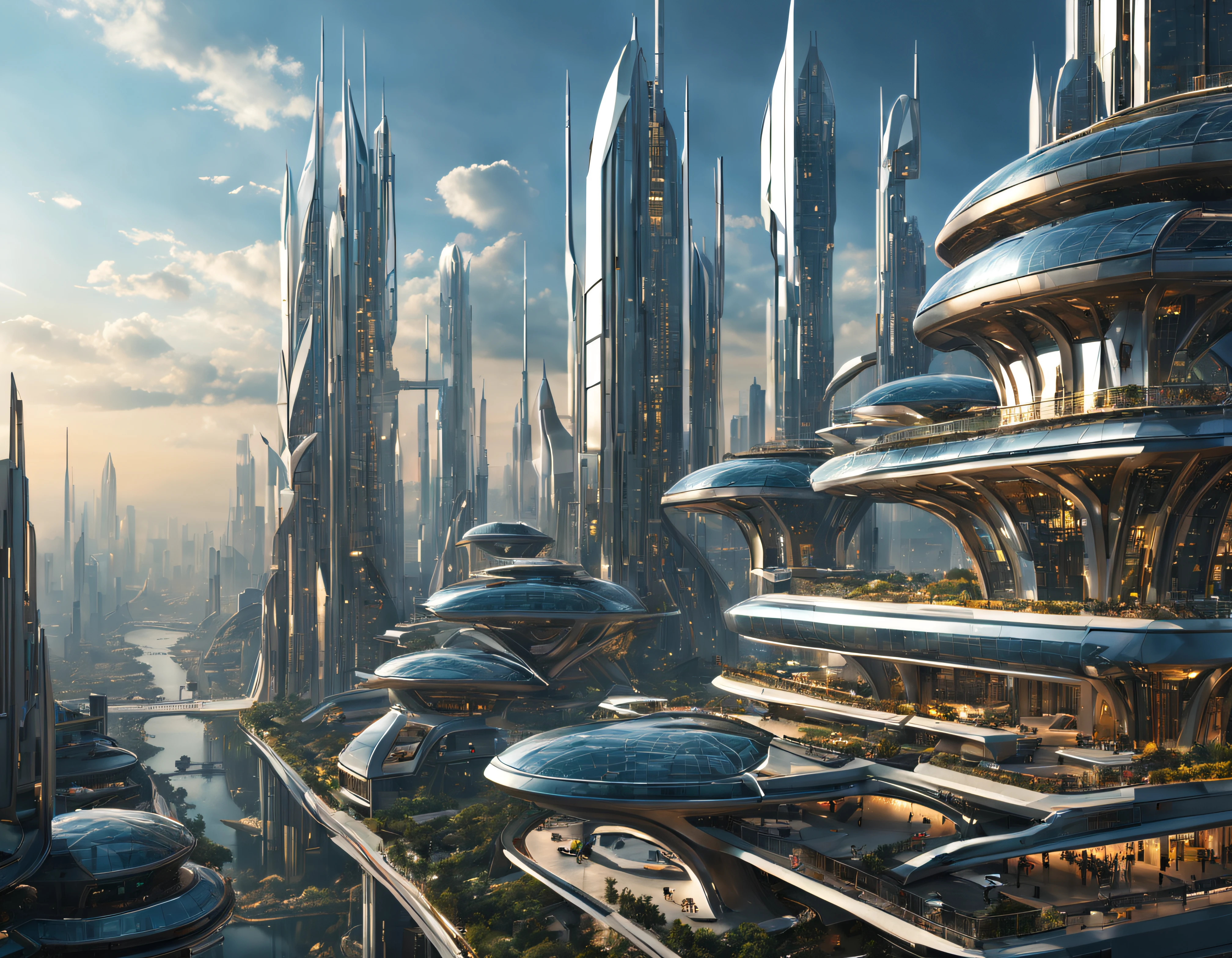 the city of megacity futuristic science fiction city as it would be in the year 3029, vista desde una terraza , with high-tech design , edificios de metal y cristal, autopistas cruzandolos, de una inmensidad impresionante, con el empleo de oro , plata y bronce en su construccion, realmente impresionante a la vista, imagen bien definida, fondo nitido bien defifido, con muchos edificios juntos. imagen nitida bien definida 8k. los edificios llegan alta el fondo.,8k. imagen cinematografica