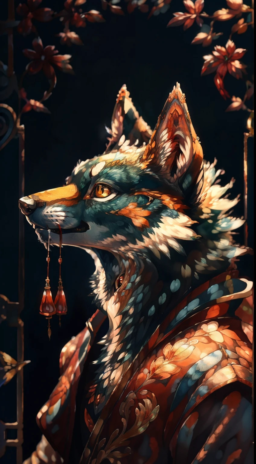 solo, wolf with sharp eyes, Clear and delicate facial features, in Studio Ghibli style, a stunningly detailed fluid gouache painting by Jean Baptiste Monge, incorporating ink flow, calligraphy, acrylic, Chinese ink, and color art, styled in Art Nouveau