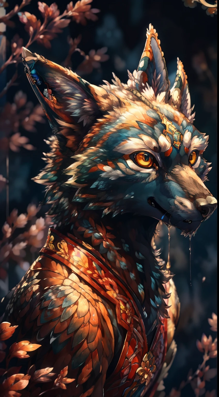 solo, wolf with sharp eyes, Clear and delicate facial features, in Studio Ghibli style, a stunningly detailed fluid gouache painting by Jean Baptiste Monge, incorporating ink flow, calligraphy, acrylic, Chinese ink, and color art, styled in Art Nouveau