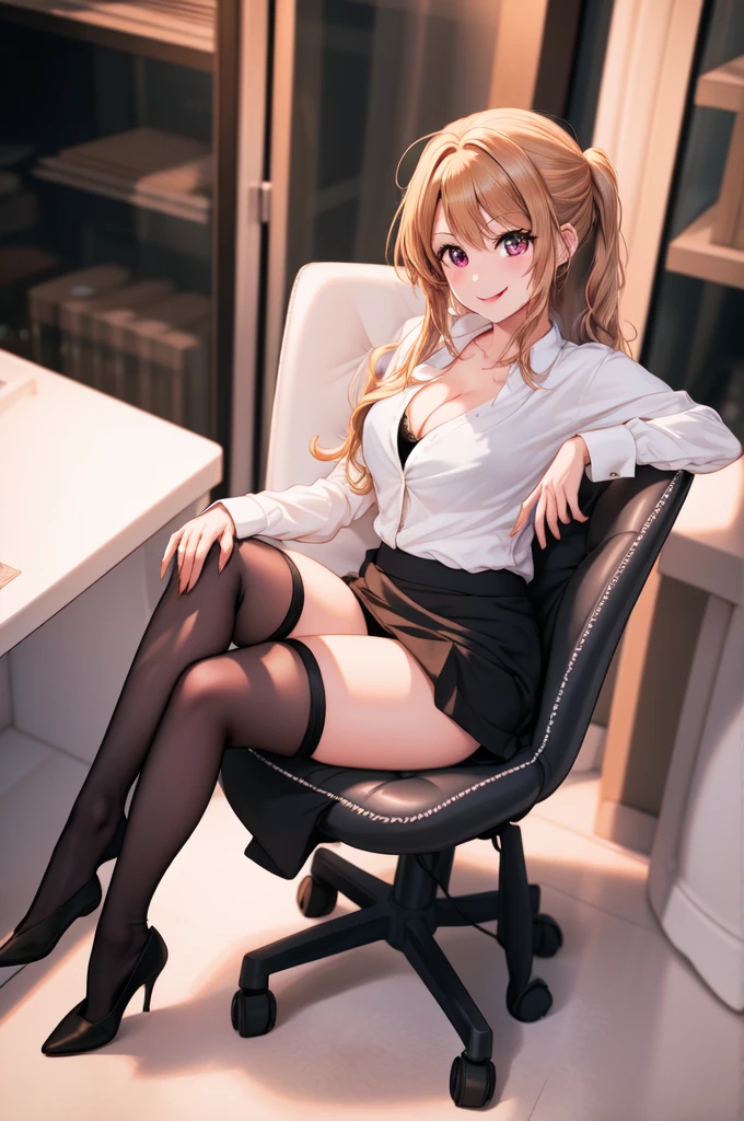 anime, beautiful face, highly detailed face, 2 accurate legs detailed eyes, highly detailed background, perfect lighting, accurate arms, accurate hands, accurate fingers, full body, 1girl, solo, ruby hoshino, oshi no ko, indoors, detailed heels, black detailed thighhighs, indoors, in the office, absurdres, high res, ultrasharp, 8K, masterpiece, looking at viewer, (full body:1.4), smiling with compassion, teasing smile, tounge out, tight skirt, office uniform, unbuttoned shirt, detailed shirt, cleavage, sitting on a chair at a desk, view from the side, looking over her shoulders,