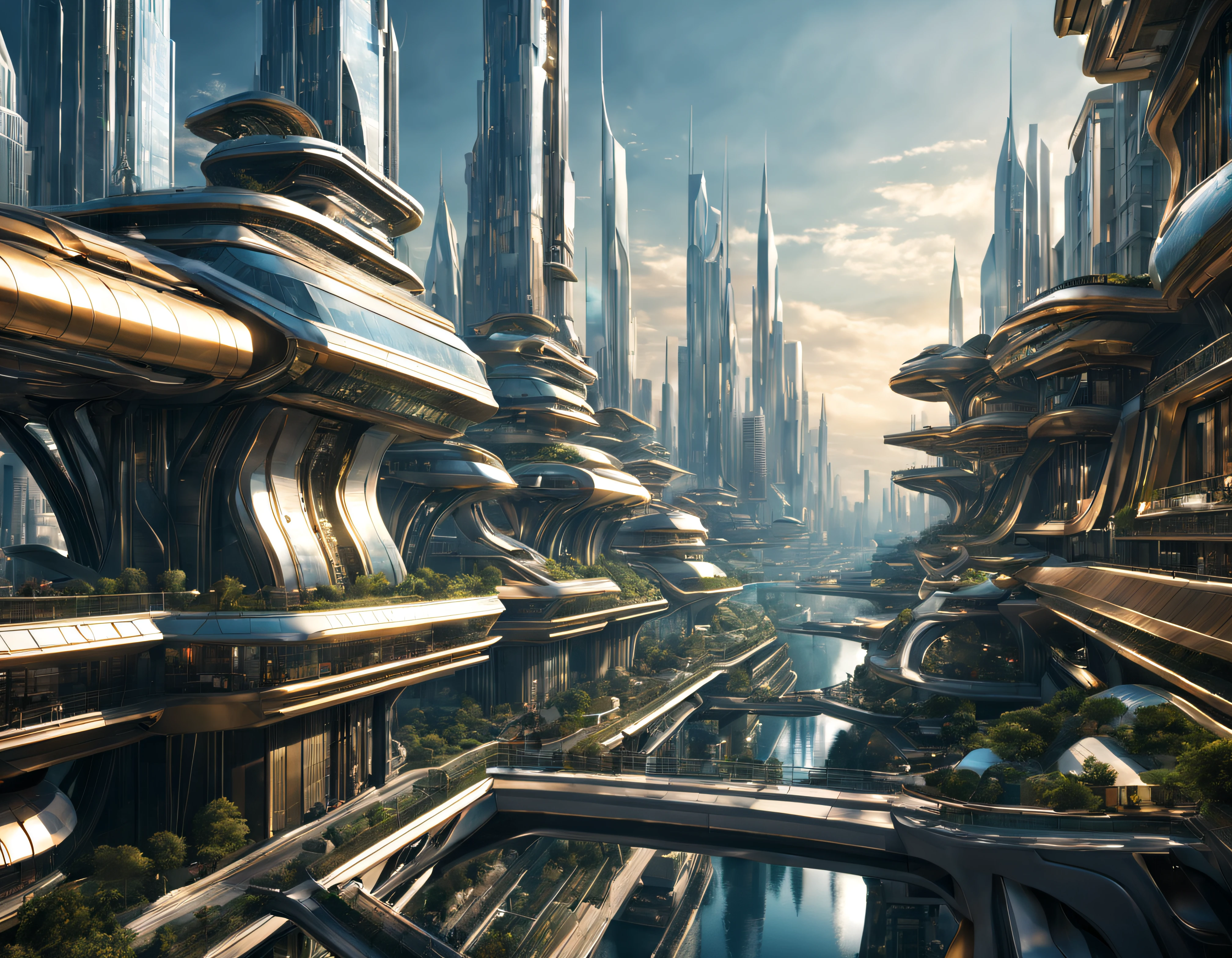 the city of megacity futuristic science fiction city as it would be in the year 3029, vista desde una terraza , with high-tech design , edificios de metal y cristal, autopistas cruzandolos, de una inmensidad impresionante, con el empleo de oro , plata y bronce en su construccion, realmente impresionante a la vista, imagen bien definida, fondo nitido bien defifido, con muchos edificios juntos. imagen nitida bien definida 8k. los edificios llegan alta el fondo.,8k. imagen cinematografica