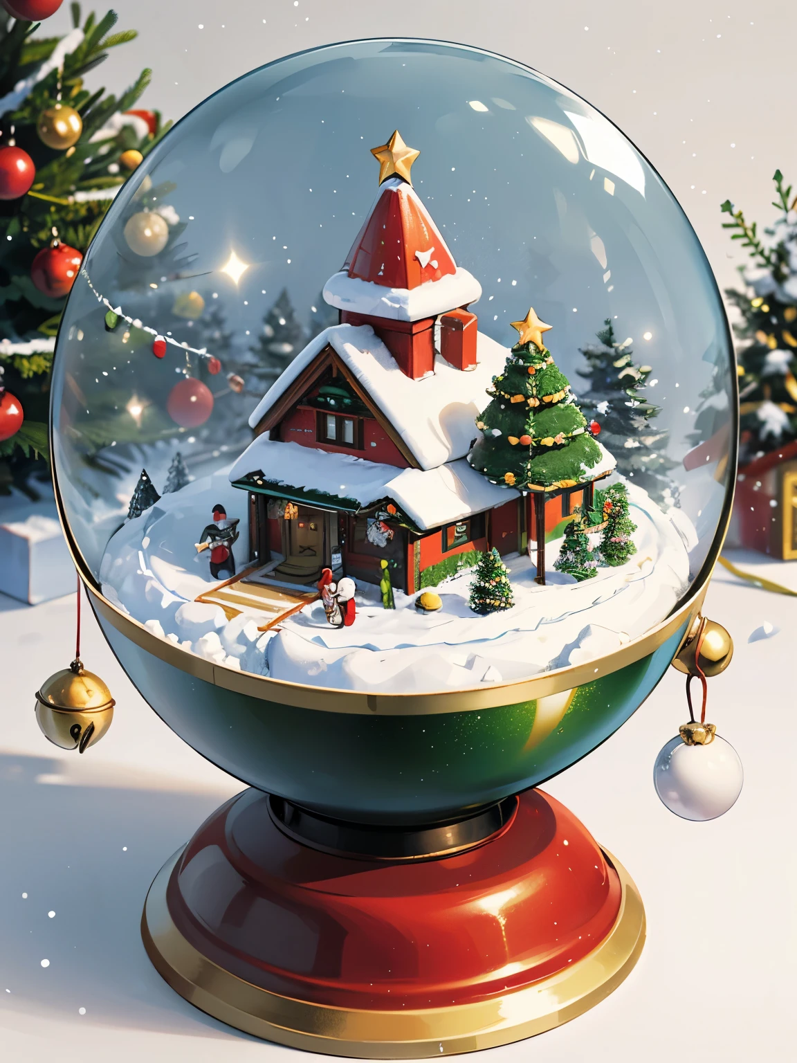 Illustration of a snow globe with a festive Christmas scene inside. The snow globe showcases a miniature Christmas tree adorned with colorful baubles and a shining star on top. Surrounding the tree are tiny, glowing houses covered in snow, and a jolly Santa Claus with his sleigh and reindeer.