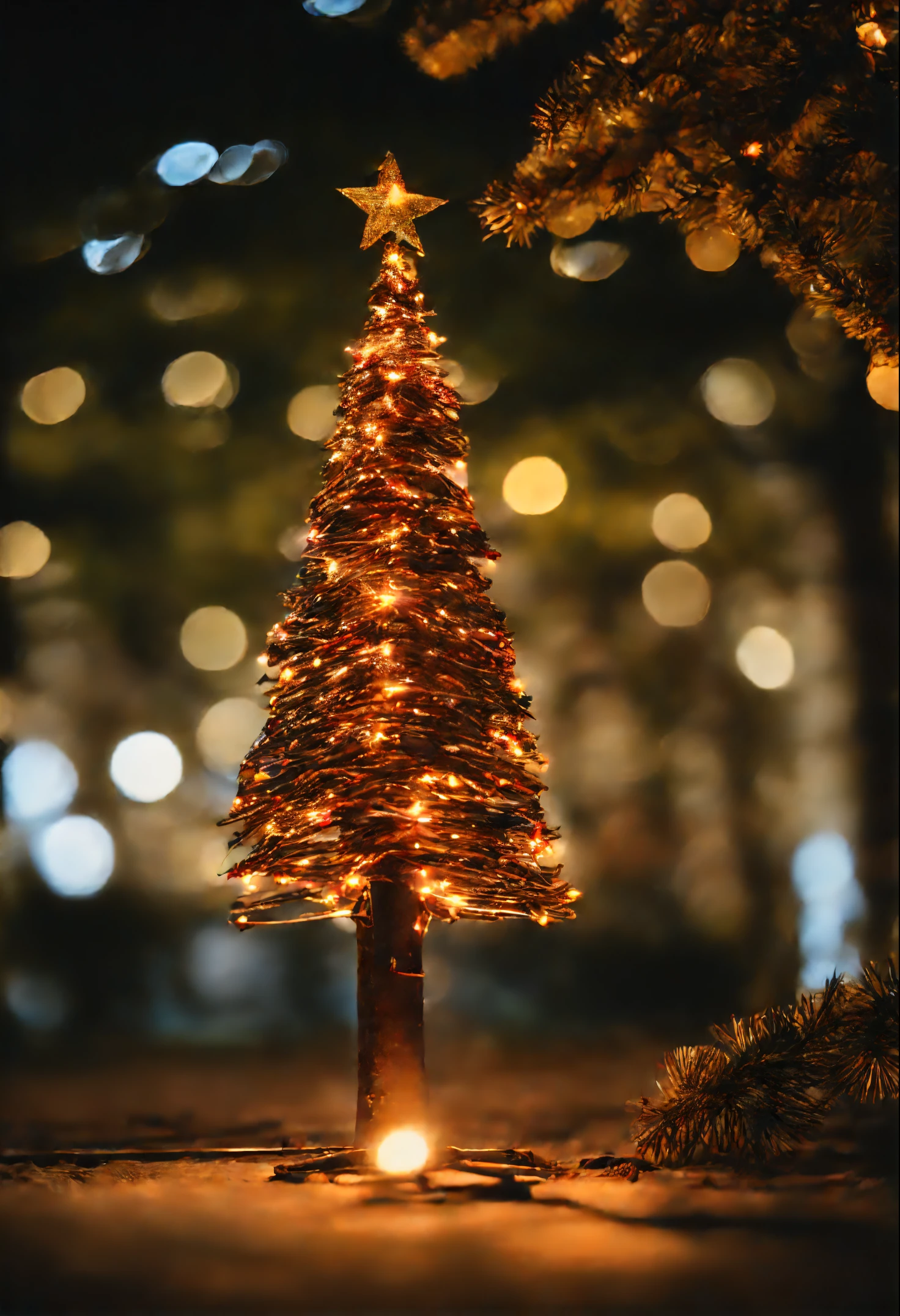 Um soldador esta forjando uma arvore de natal feita de ferro, o brilho da solda ilumina o topo da arvore