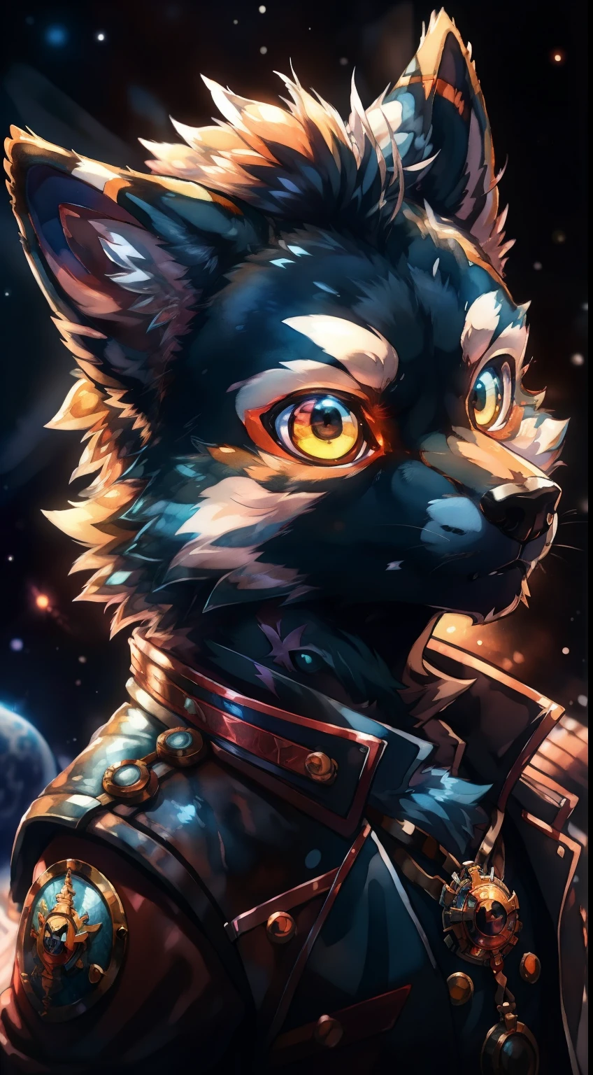 portrait anime adorable anthropomorphic wolf pirate from space, glowing eyes with reflection, watercolor, space background, Yoshikata Amano, Edwin Landseer, Ismail Inceoglu, Russ Mills, Victo Ngai, Bella Kotak, hyperdetailed 8K resolution HDR DSLR, ultra detailed, ultra quality, CGSociety,