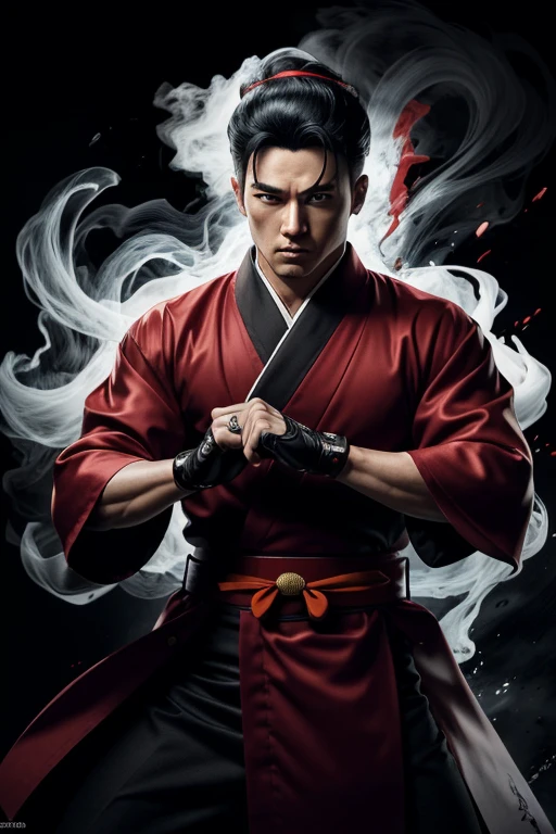 (best quality, highres, masterpiece:1.2), ink art, detailed man in a white kimono, with sleek black hair, wearing red gloves and a red hairband, striking a dynamic fight position. The artwork should showcase the intricate details of the man's facial features, the folds and texture of the kimono, and the intensity of his fighting stance. The ink art style should be bold and expressive, with strong contrasts between light and dark. The color palette should emphasize the contrast between the bright red of the gloves and hairband against the white kimono. The lighting should be dramatic, casting shadows and highlighting the man's muscular physique.