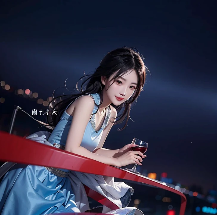 Chinese girl in a blue dress holding a glass of wine, guweiz, beautiful  face, black hair, flying away hair, beautiful lips with a perfect smile, realistic ultra details, high quality face
