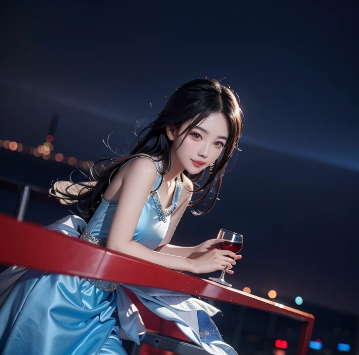 Chinese girl in a blue dress holding a glass of wine, guweiz, beautiful  face, black hair, flying away hair, beautiful lips with a perfect smile, realistic ultra details, high quality face