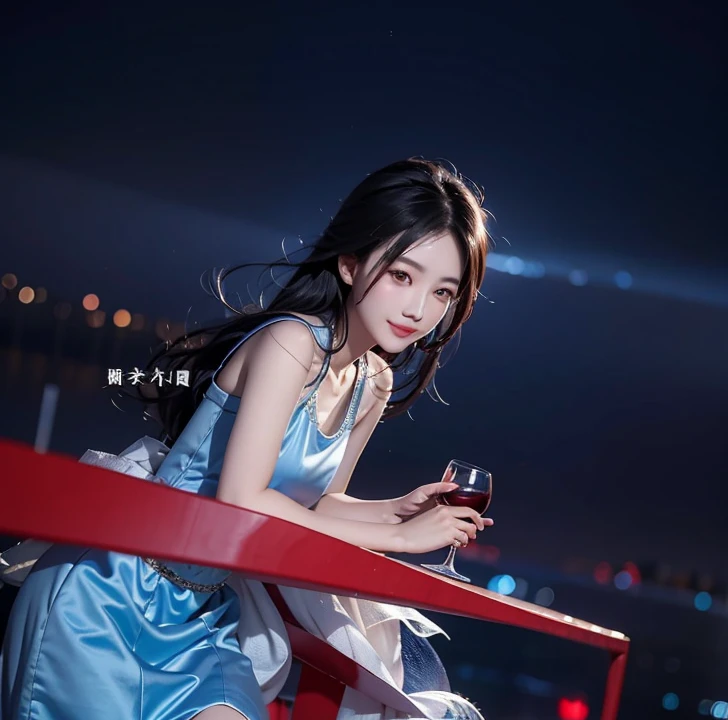 Chinese girl in a blue dress holding a glass of wine, guweiz, beautiful  face, black hair, flying away hair, beautiful lips with a perfect smile, realistic ultra details, high quality face