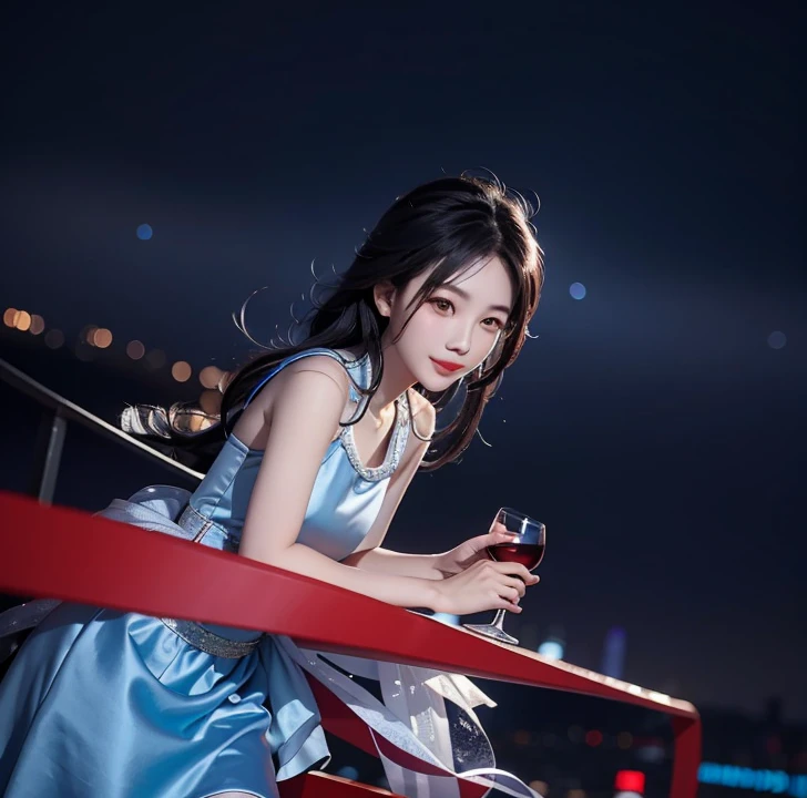Chinese girl in a blue dress holding a glass of wine, guweiz, beautiful  face, black hair, flying away hair, beautiful lips with a perfect smile, realistic ultra details, high quality face