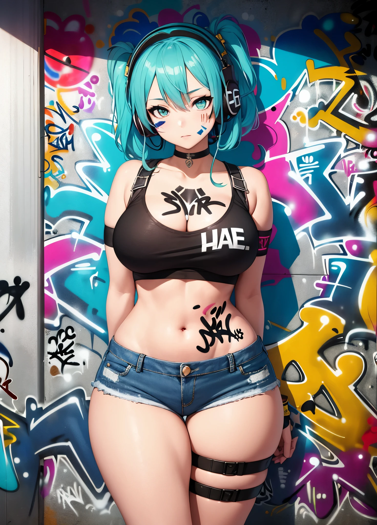 masterpiece, best quality, 2girls, duo, crop top, denim shorts, choker, (graffiti:1.5), paint splatter, arms behind back, against wall, looking at viewer, armband, thigh strap, paint on body, head tilt, bored, multicolored hair, aqua eyes, headset, (curvy:1.2)