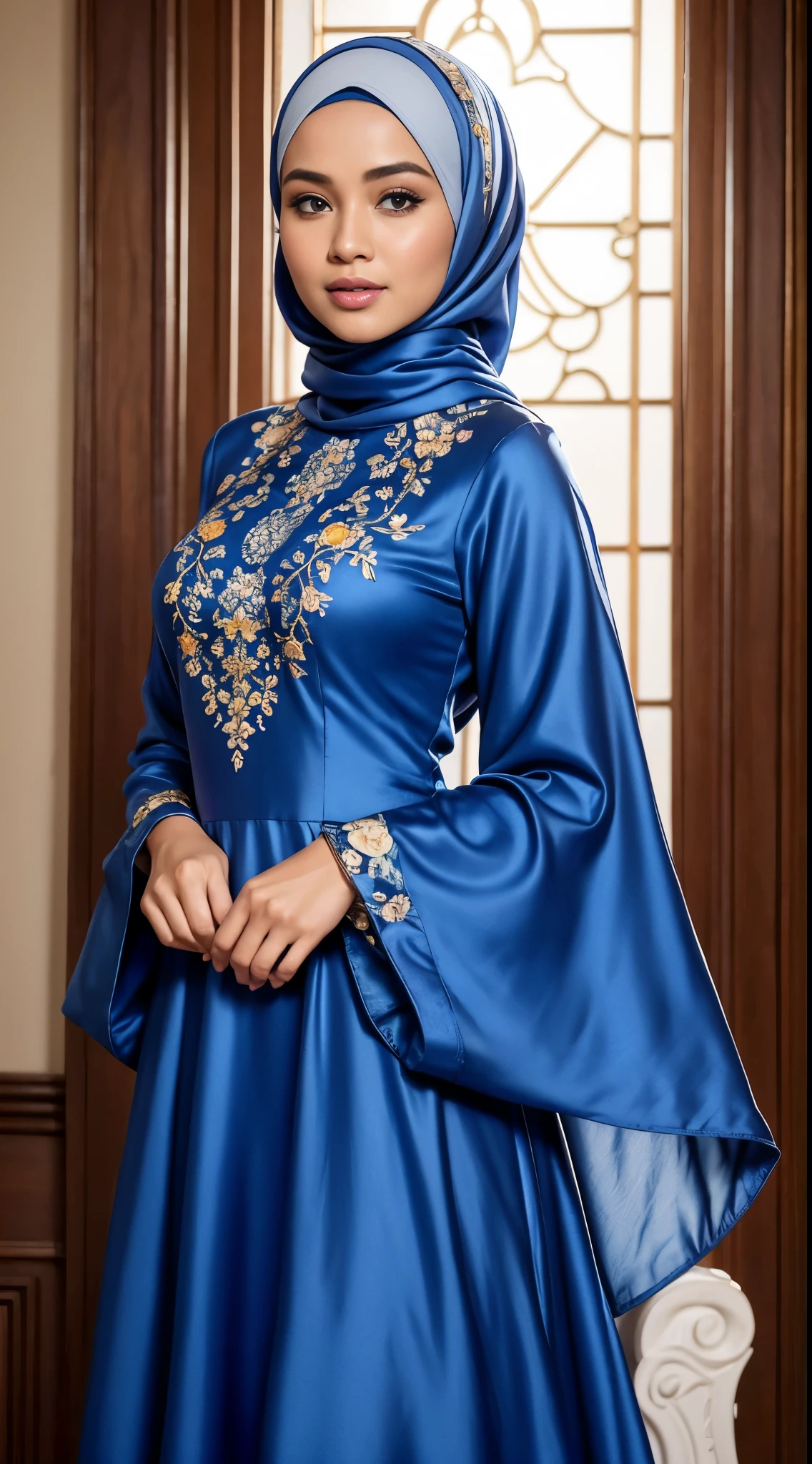 ( Close Up),RAW, Best quality, high resolution, masterpiece: 1.3), beautiful Malay woman in hijab,Masterpiece, perfect fit body, big breast,big gorgeous eyes, Soft smile,beutiful face,thick thighs, woman wearing a blue floral print dress and hijab, modest flowing gown, idian dress, beautiful silky dress, full covered dress, floral art novuea dress, royal gown, beautiful soft silky dress, very beautiful masterpiece, soft silk dress, blue silk dress, beautiful dress, royal dress, silk dress, elegant dark blue dress, royal brocade dress  , (Delicate turtleneck) , shairband, afternoon walk, City garden, Excellent lighting, Bright colors, Clean lines,