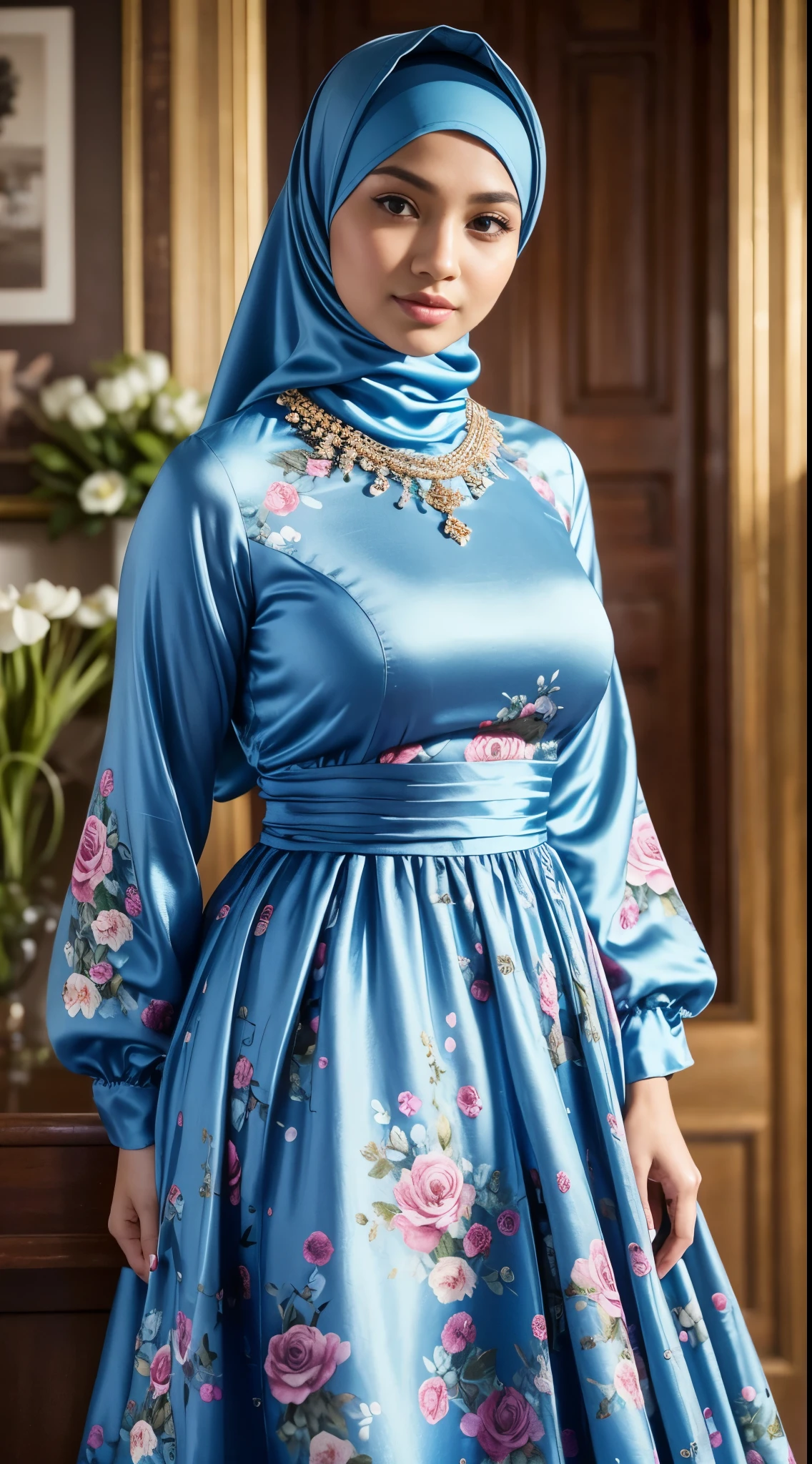 ( Close Up),RAW, Best quality, high resolution, masterpiece: 1.3), beautiful Malay woman in hijab,Masterpiece, perfect fit body, big breast,big gorgeous eyes, Soft smile,beutiful face,thick thighs, woman wearing a blue floral print dress and hijab, modest flowing gown, idian dress, beautiful silky dress, full covered dress, floral art novuea dress, royal gown, beautiful soft silky dress, very beautiful masterpiece, soft silk dress, blue silk dress, beautiful dress, royal dress, silk dress, elegant dark blue dress, royal brocade dress  , (Delicate turtleneck) , shairband, afternoon walk, City garden, Excellent lighting, Bright colors, Clean lines,