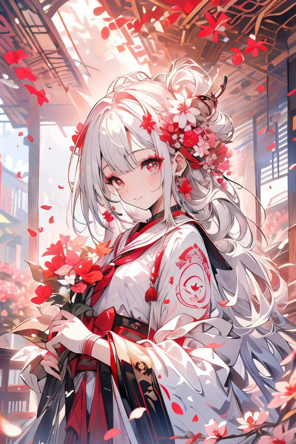 Wavy gray hair、red eyes、Beautiful girl alone、kimono、rose garden、Gentle expression