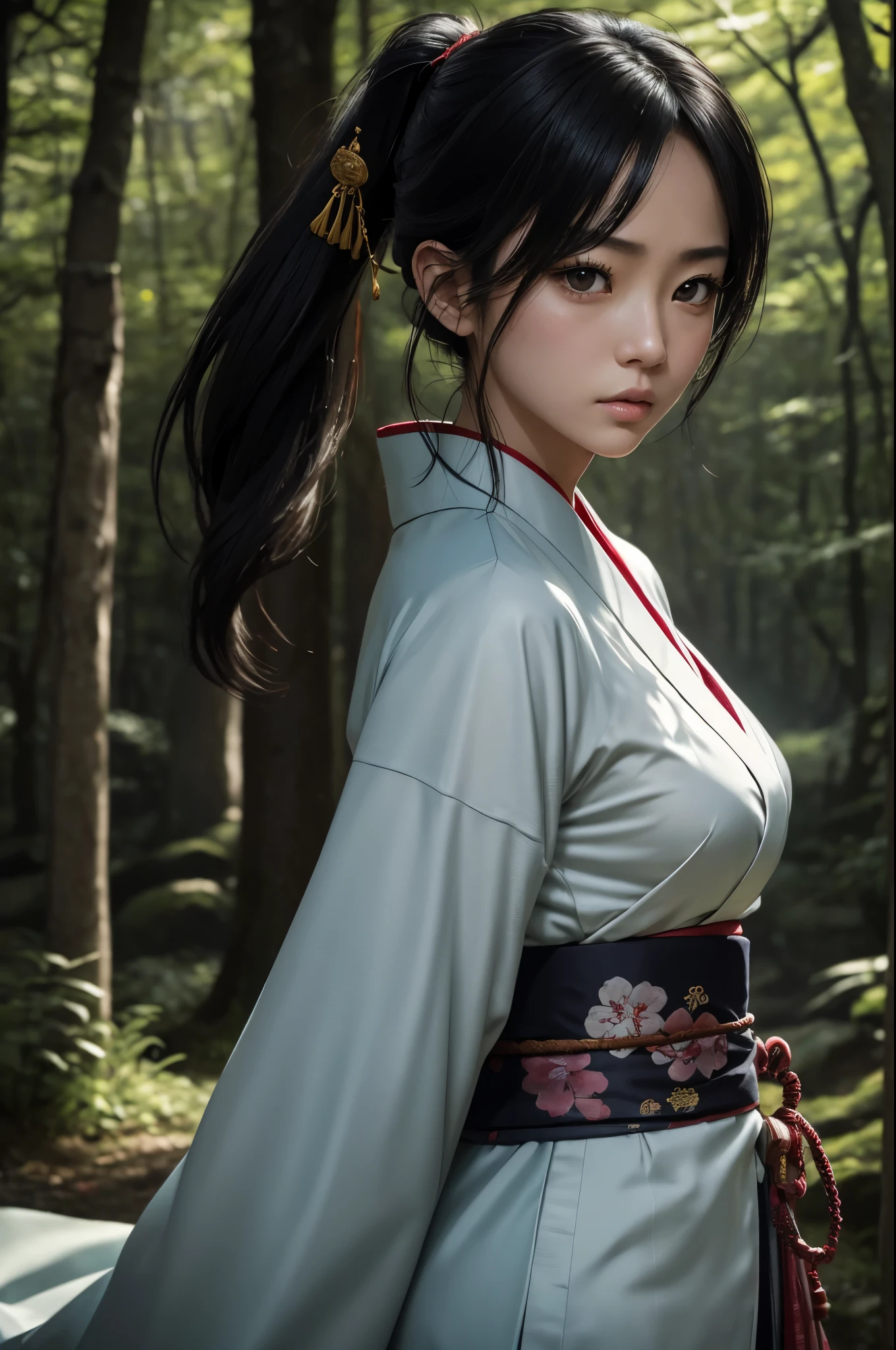 8K,buttleシーン,ホラー的なin woods,(masterpiece、top-quality:1.3)、日本の着物を着て日本刀を持った女子高生のaction scene,超A high resolution,18year old,美しい女の子のaction scene、Super beauty(Like the real thing),Black hair ponytail、(1girl in)、((s lips))、(nase)、((Long face))、Regant、Stylish、sharp gaze,Rugged look,Look at viewers、soft makeup、Textured、Dynamic Posture、wide Shots、 Dramatic Lighting:1.1、(gradientace perfect)、coldness,light particules、(depth of fields)、(intricate-detail:1.2)、in woods(highly detailed back ground)、,The charm of wearing kimono for adults,花魁(Flashy kimono)facing the front there,A sexy,glares,gloomy atmosphere,Normal breasts,in woods,combat scene,action scene,actionpose,have a talisman in hand,buttleムービー,full bodyesbian,大胆なaction scene,buttle,