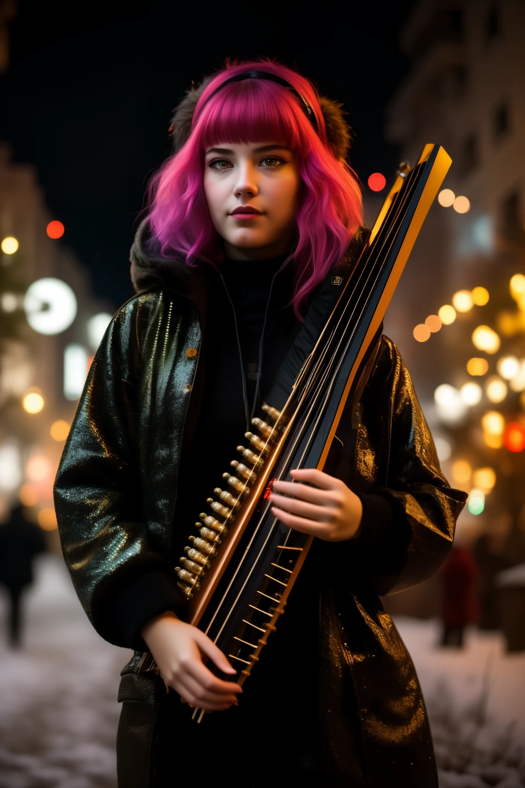 cyberpunk girl plays the lyre in a winter park