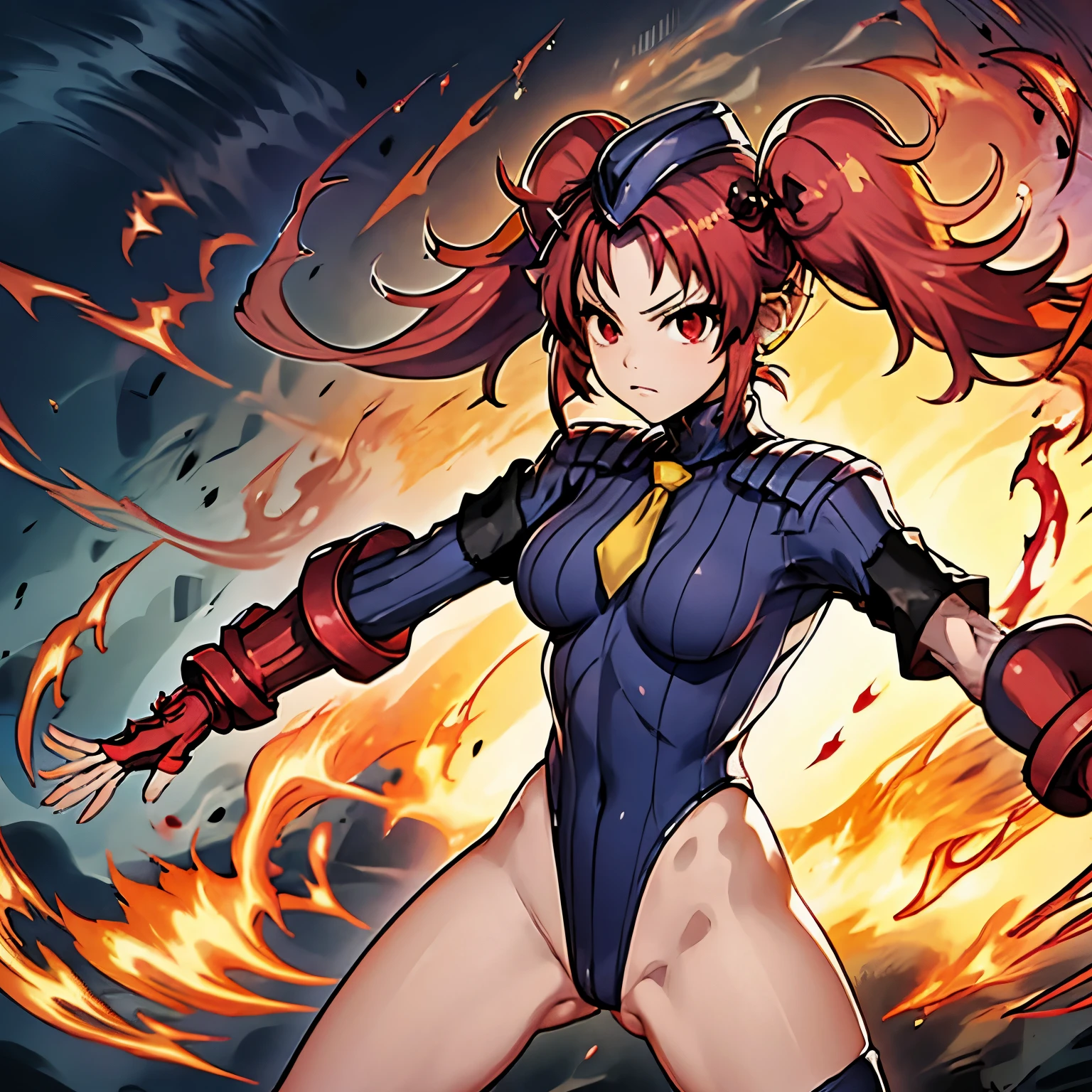 ultra-detailed, Explicit, Beautiful body, Beautiful Nose, Beautiful character design, perfect eyes, perfect face, ultra highres, 4K, beautiful legs, perfect legs, Nice hands, Perfect hand, Masterpiece, Best Quality, Highly detailed, illustration, absurdres, street fighter, doll suit, shadaloo doll, dollsuit, expressionless, blank eyes, looking at viewer, red gloves, emotionless, black latex, corrution, mind control, female combatant, full body, hypnotized, unhappy trance, full body suit, ribbed bodysuit, both arms at side, obey, perfect female body, extremely glossy latex, hypnosis, hypnoLora, empty eyes, Mind control device, poses, submissive_pose, Slave, hat, necktie, stand up straight, standing, standing at attention, hat, necktie, belt, latex, ribbed bodysuit, thighhighs, garter belt, Fighting Stance, extending the right arm from the shoulder into the air with a straightened hand, nazi saluting, military, military saluting, salute, thigh boots, Yu-Gi-Oh!, 1girl, solo, red eyes, red hair, bell, twintails, Ha-Re the Sword Mikanko