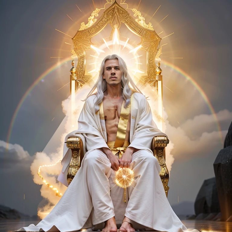 Beautiful hands, dressed in a robe reaching down to his feet, and with a golden sash around his chest, white hair, a round brilliance flare all around him 28 like that of a round rainbow in a cloud on a rainy day