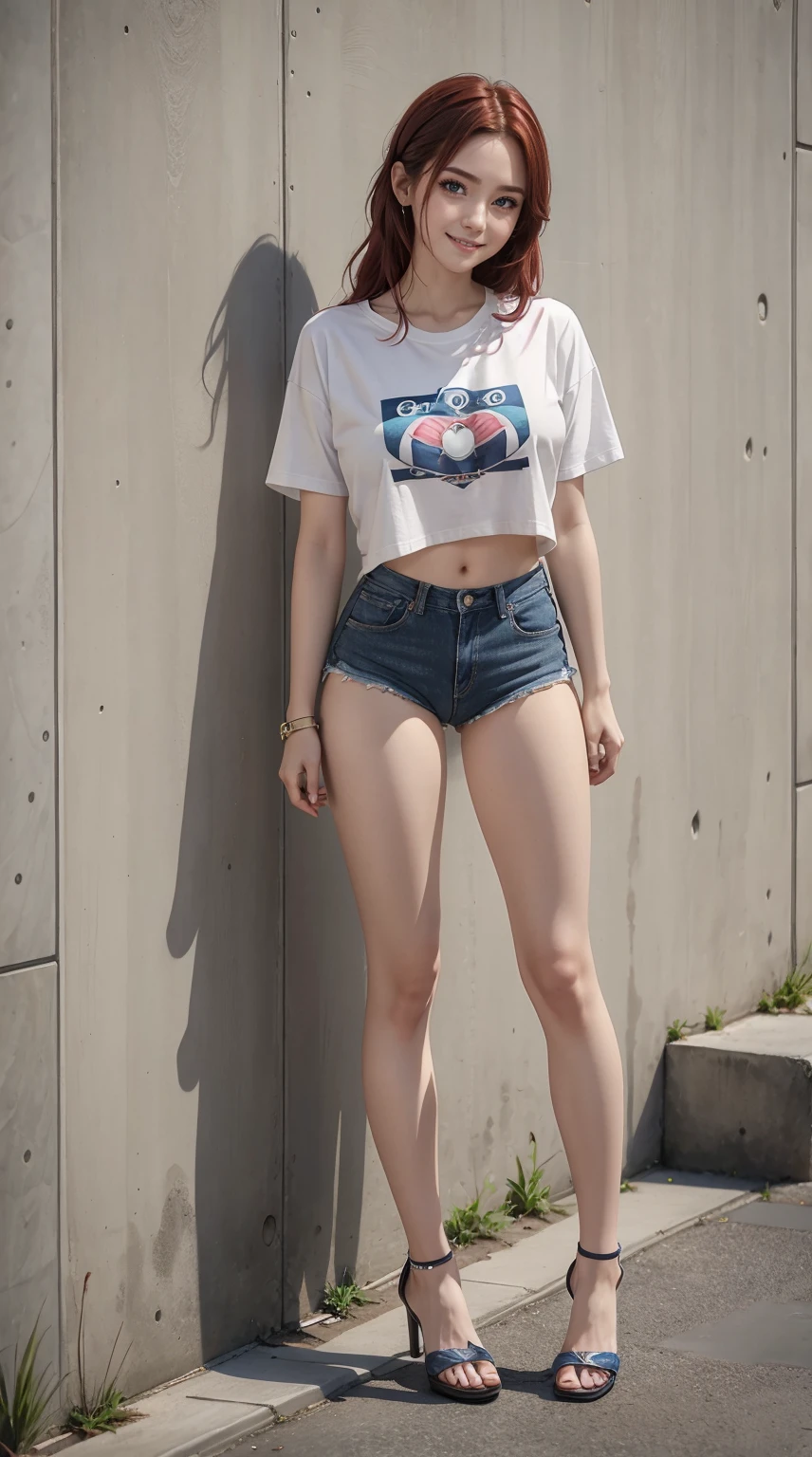 26 year old white woman、Hair color is reddish、Hair is wavy、Eye color is blue、Longhaire、A slender、a smile、She is wearing a T-shirt that shows her underboob.、My abs are cracked、A slenderだが均整の取れた細マッチョ、I'm wearing pin heels、standing against a concrete wall、a smile、Head-on perspective、accessories on the wrist