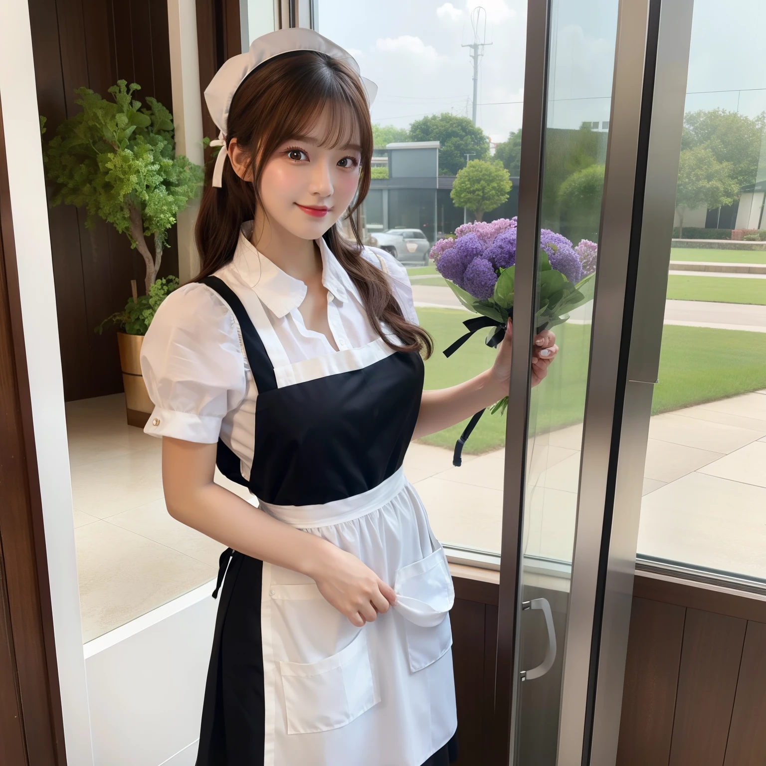 Best Quality、Masterpiece、4k.8k、details details、A woman wearing a cute apron that looks like a maid outfit、I'm cleaning the windows。ren、Beautuful Women、It's shiny、Brown hair、Semi-long、I have flowers