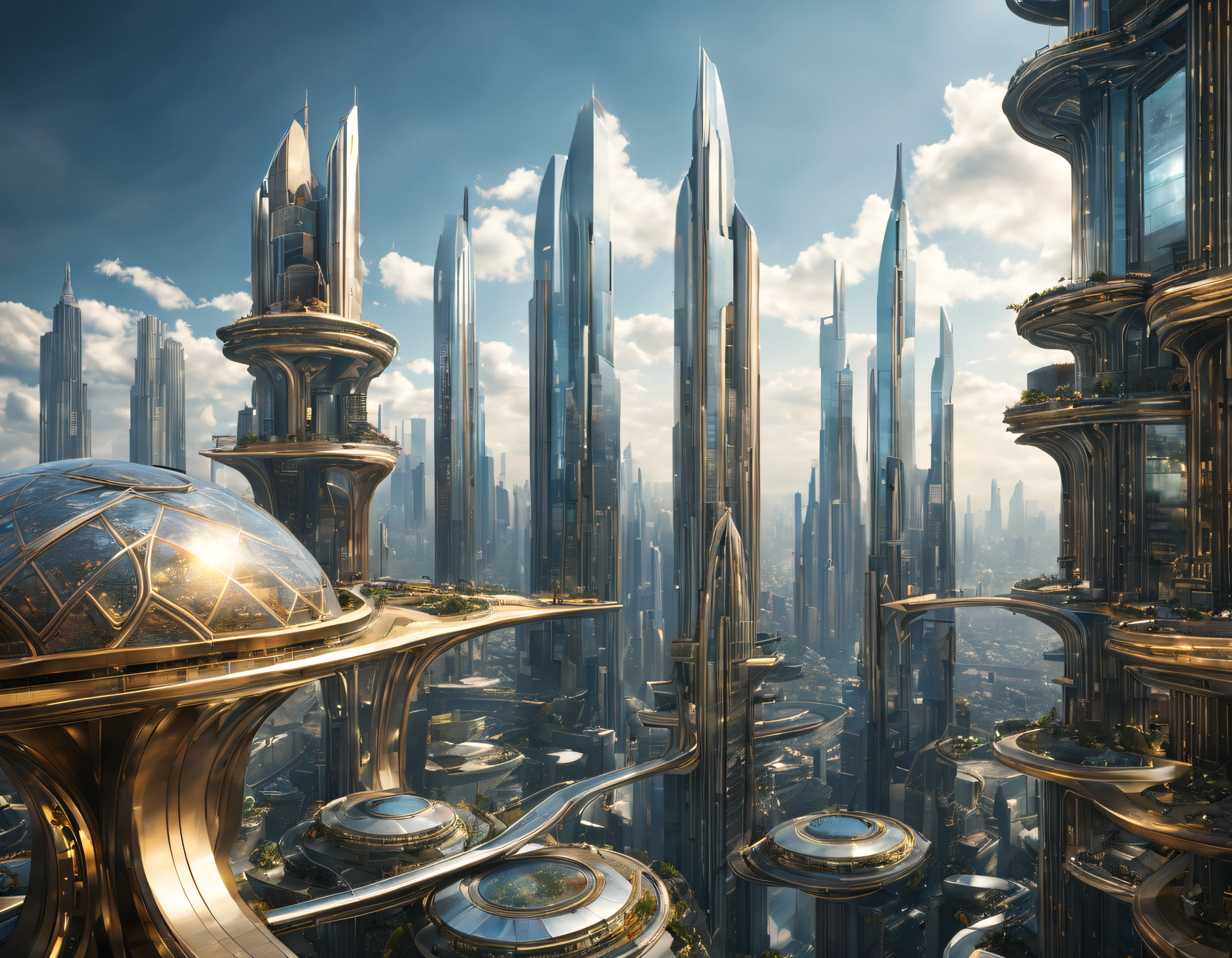 the city of megacity futuristic science fiction city as it would be in the year 3029, vista desde una terraza , with high-tech design , edificios de metal y cristal, autopistas cruzandolos, de una inmensidad impresionante, con el empleo de oro , plata y bronce en su construccion, realmente impresionante a la vista, imagen bien definida, fondo nitido bien defifido, con muchos edificios juntos. imagen nitida bien definida 8k. los edificios llegan alta el fondo.,8k. imagen cinematografica, renderizado 3d, ((obra maestra de superior calidad)).