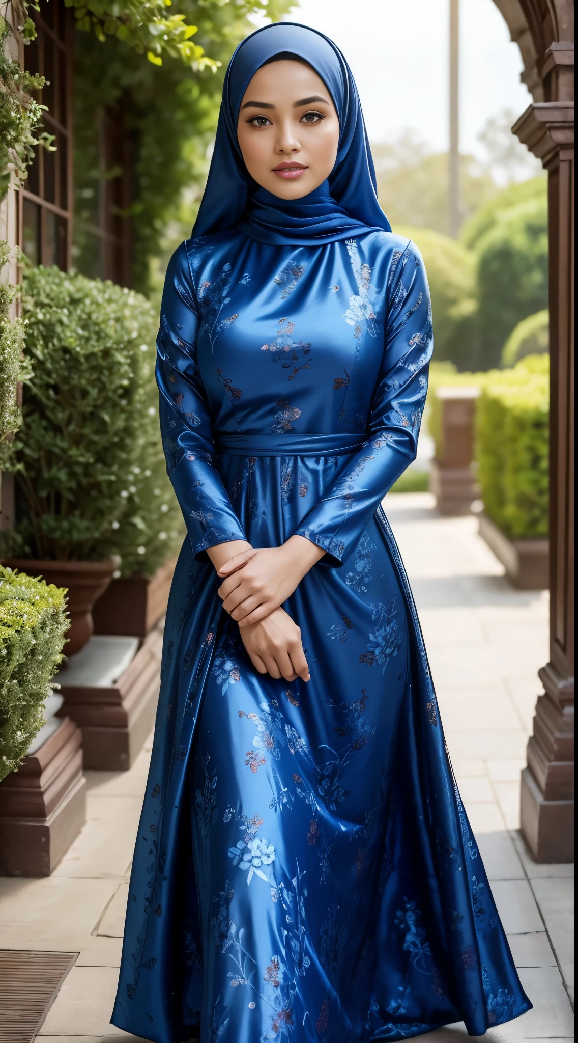 ( Close Up),RAW, Best quality, high resolution, masterpiece: 1.3), beautiful Malay woman in hijab,Masterpiece, perfect fit body, big breast,big gorgeous eyes, Soft smile,beutiful face,thick thighs, woman wearing a blue floral print dress and hijab, modest flowing gown, idian dress, beautiful silky dress, full covered dress, floral art novuea dress, royal gown, beautiful soft silky dress, very beautiful masterpiece, soft silk dress, blue silk dress, beautiful dress, royal dress, silk dress, elegant dark blue dress, royal brocade dress , (Delicate turtleneck) , shairband, afternoon walk, City garden, Excellent lighting, Bright colors, Clean lines,