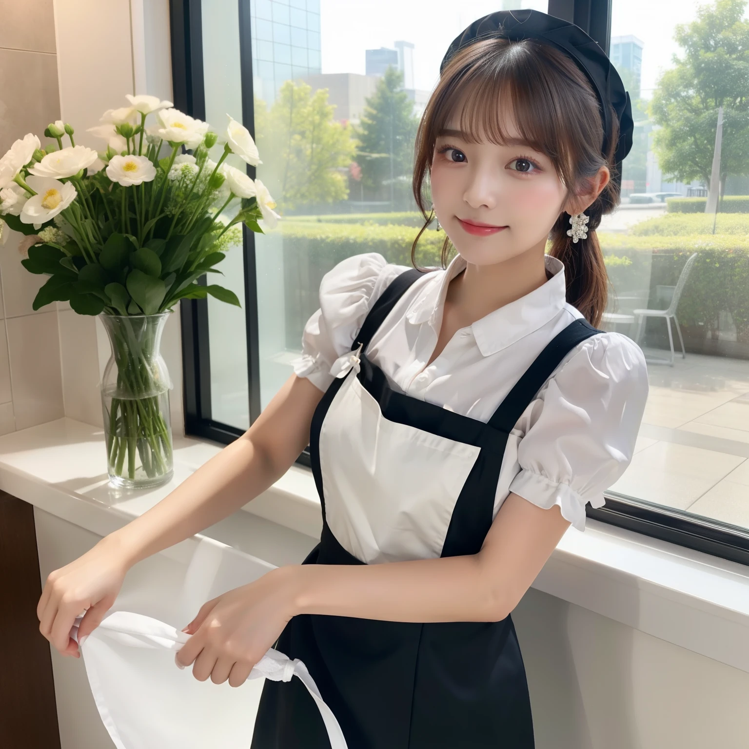 Best Quality、Masterpiece、4k.8k、details details、A woman wearing a cute apron that looks like a maid outfit、I&#39;m cleaning the windows。ren、Beautuful Women、It's shiny、Brown hair、Semi-long、I have flowers
