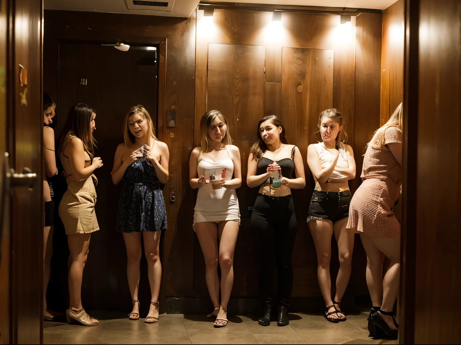 Several very drunk Russian girls stand in line for the toilet in a Moscow bar with alcohol, very drunk girls in a deranged state can hardly stand on their feet and really want to go to the toilet