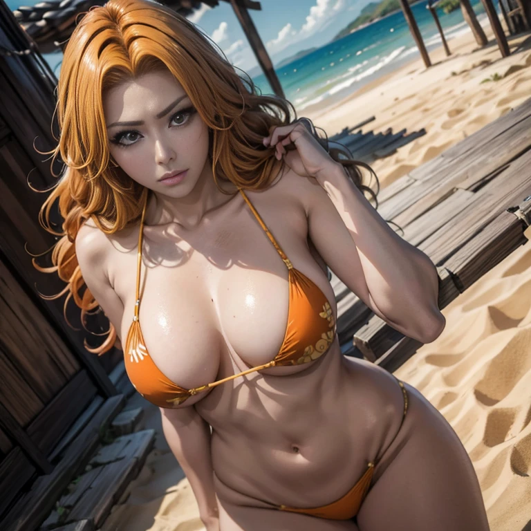 1 girl, matsumoto rangiku, foto de corpo inteiro, Seios enormes, Fundo da aldeia japonesa, Arte Oficial, orange hair, olhos azuis, cabelos longos, clivagem, cabelos ondulados, micro bikini, sorrir, voltados para o espectador