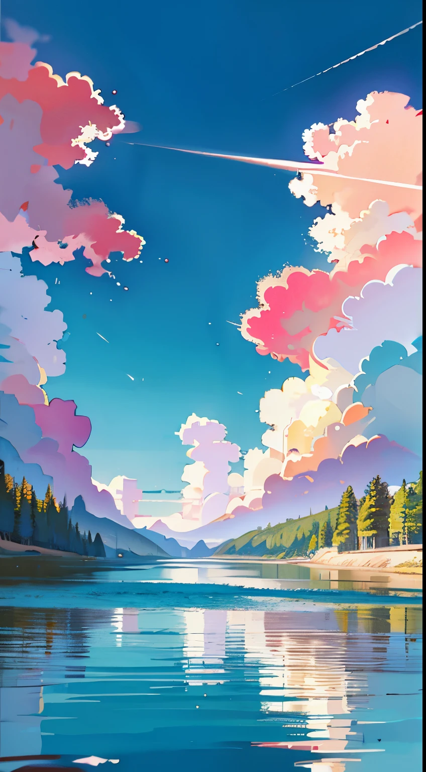 no humans, scenery, vanishing point, from below, masterpiece, best quality, 8k, absurdres, water surface, summer, noon, sunlight, blue sky, perspective, depth of field, highres, finely detail, ultra-detailed, sharp focus