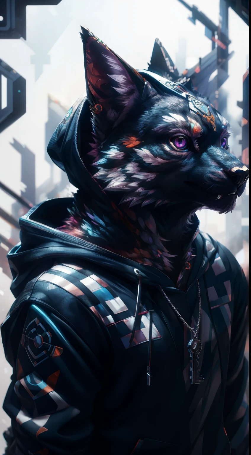 werewolf, showing only one purple eye, wearing a blue hoodie with white stripes, wearing a hoodie, wearing a black sweatshirt with a hood, silver pendant, Futuristic Batik pattern, white background, animal, sci-fi, techno, neural network, pattern art, artwork, key visual, intricate, authentic, masterpiece, perfect compositions, glitch pattern, geometric pattern, multicolor, highly detailed, Artstation, high resolution, high quality, kerberos,