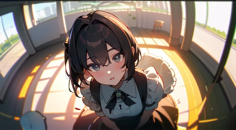 ((​master piece))((SFW))
(best_quality)
(fish-eye lens)(from_above)
(blurry_background)(depth_of_field)
(Caustics)
(outside of house)(On the rooftop)(Sundown)(back lighting)(sunlight)
                                 （Maids)(A dark-haired)（Bob Hair）
(parted_lips)
