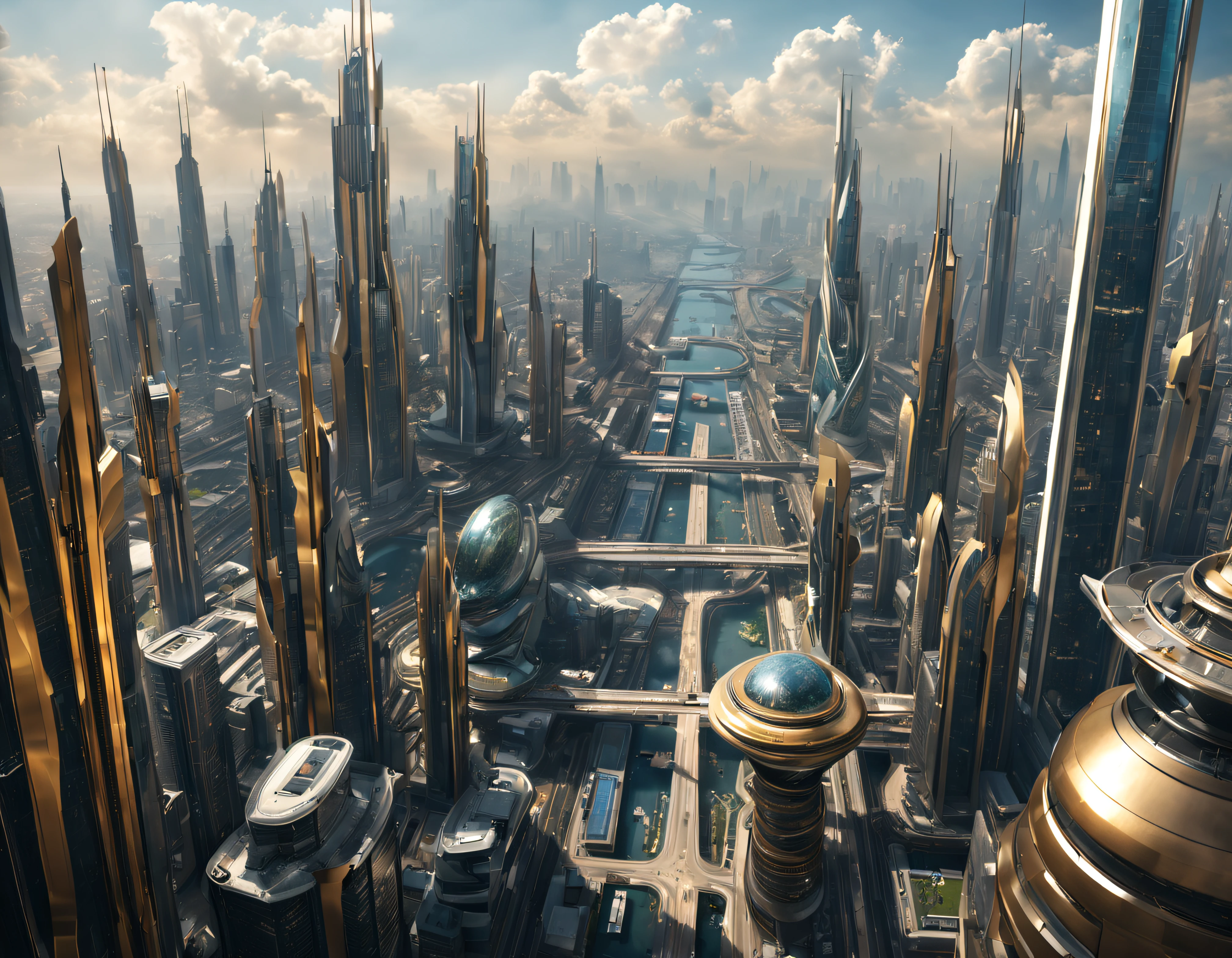 the city of megacity futuristic science fiction city as it would be in the year 3029, vista desde una terraza , with high-tech design , edificios de metal y cristal, autopistas cruzandolos, de una inmensidad impresionante, con el empleo de oro , plata y bronce en su construccion, realmente impresionante a la vista, imagen bien definida, fondo nitido bien defifido, con muchos edificios juntos. imagen nitida bien definida 8k. los edificios llegan alta el fondo.,8k. imagen cinematografica, renderizado 3d, ((obra maestra de superior calidad)).