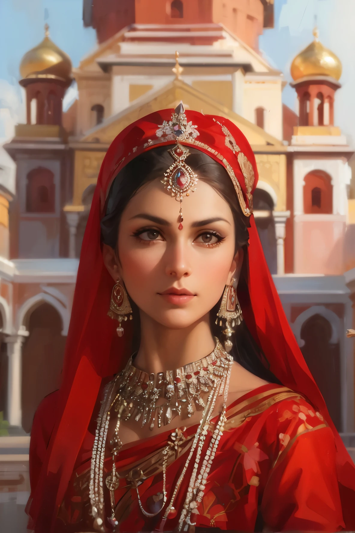 Create a portrait of a graceful Russian Hindu woman in the historic Kremlin courtyard, wearing an elegant saree and a red bindi. Highlight the contrast between the traditional Indian attire and the iconic Russian architecture.