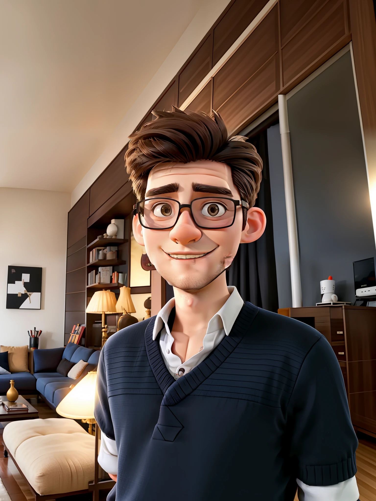 French-German man wearing glasses sitting on sofa in living room, 2 , 2 8 years oldld, 2 9 years old, age 22, 2 lin, 24 years of age, qifeng lin, steve zheng, yihao ren, 8k photograph