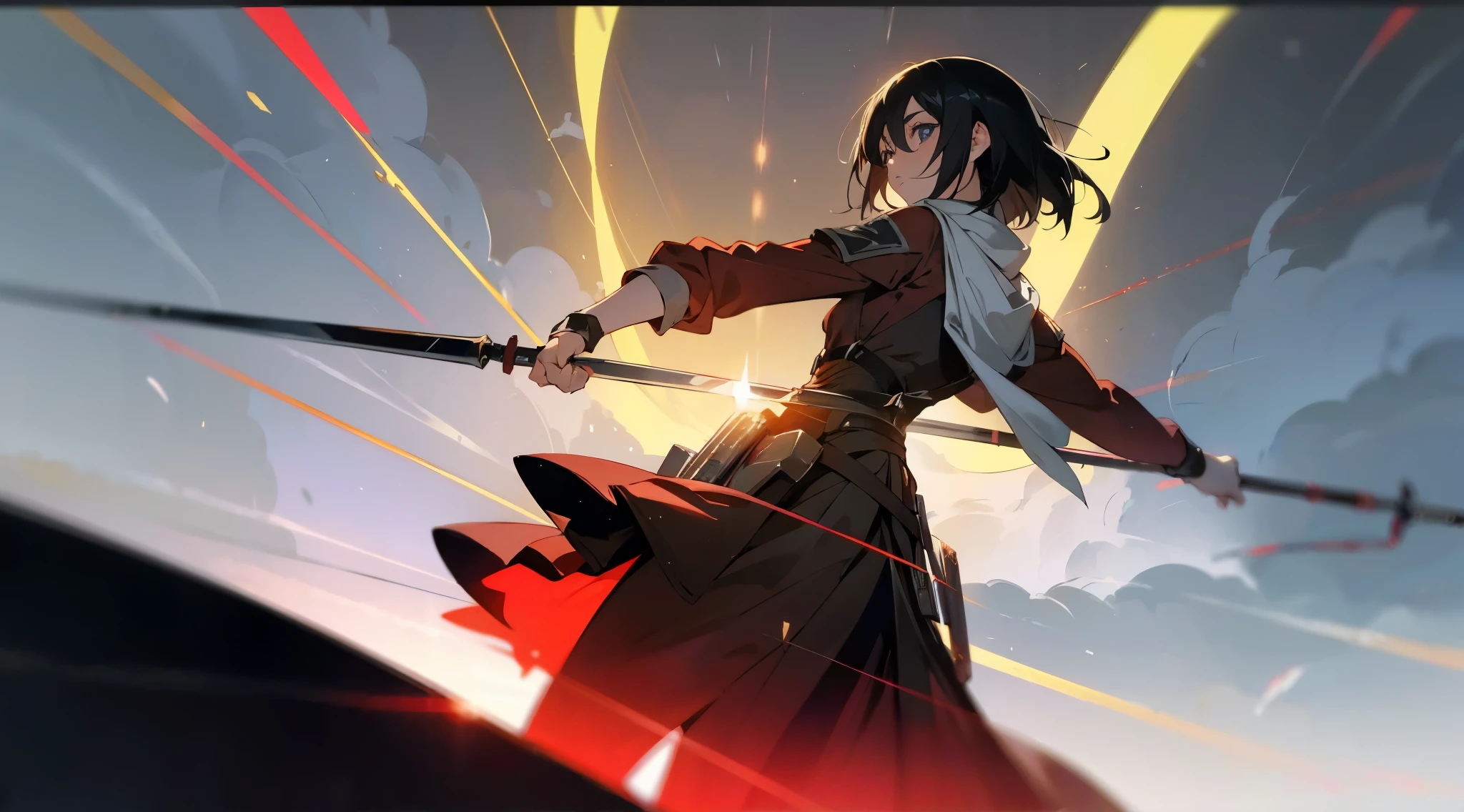 Mikasa Ackerman, Ataque de titanes, bufanda en el cuello de color roja, epic pose, teniendo en sus ambas manos cada una una espada conforma de cuchilla medianas, Equipo de Maniobras Tridimensionales, fuego en el fondo, luz realista, luces, bordes de cinematica epica, Anime, 2D, perfecto, 128k, destellos en la espada con la luz del sol, ojos grises como verdes oscuros, luz en el fondo, manos perfectas, CGI, cara perfecta a la de Mikasa Akerman, Eren Jaeger in the back, rayos de luz por enfrete y detras de color rojo neon semi transparente.