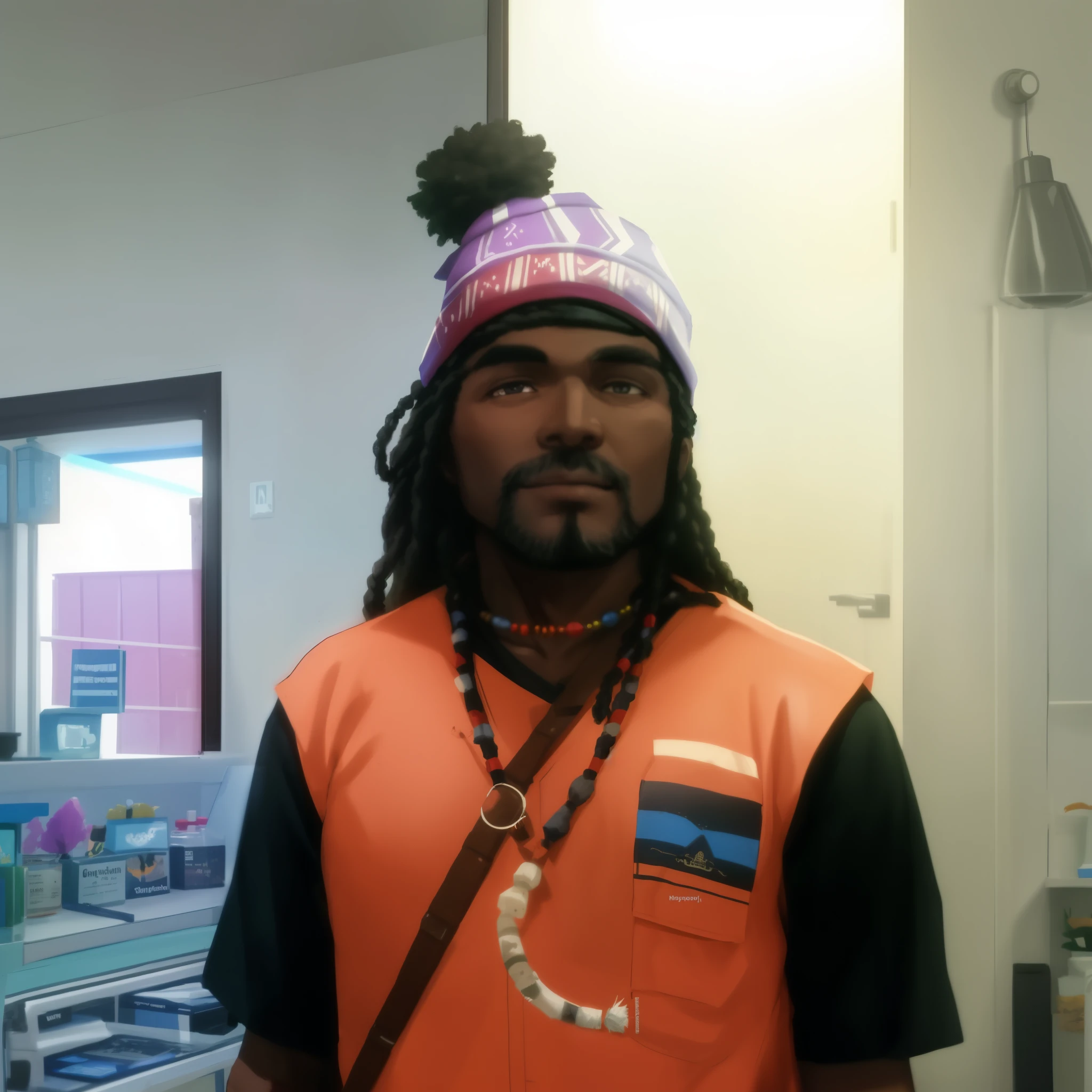 there is a pudgy dark skin Papuan man wearing a hat and vest standing in a room, indigenous man, aboriginal australian hipster, osborne macharia, facebook post, short dreadlocks with beads, african cyberpunk wizards, mongezi ncaphayi, aboriginal capirote, alphonse musha, very very low quality picture, wearing a bandana and chain, darius puia