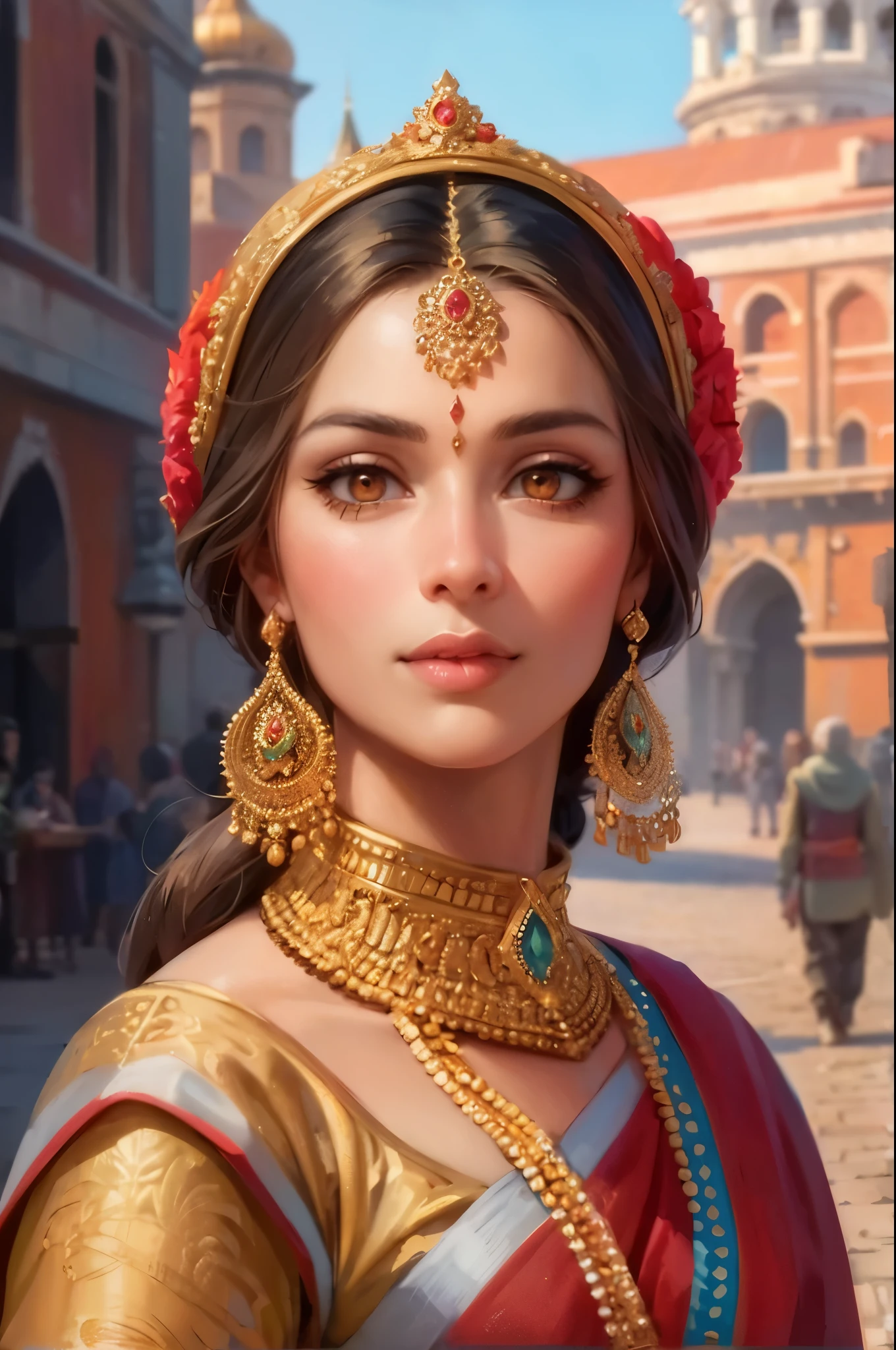 Generate an portrait art of a beautiful Russian Hindu woman in a traditional saree, exploring the ancient Golden Ring cities. ((Orange eyes)). Capture the essence of history and culture with cobblestone streets, medieval architecture, and the woman's timeless beauty.