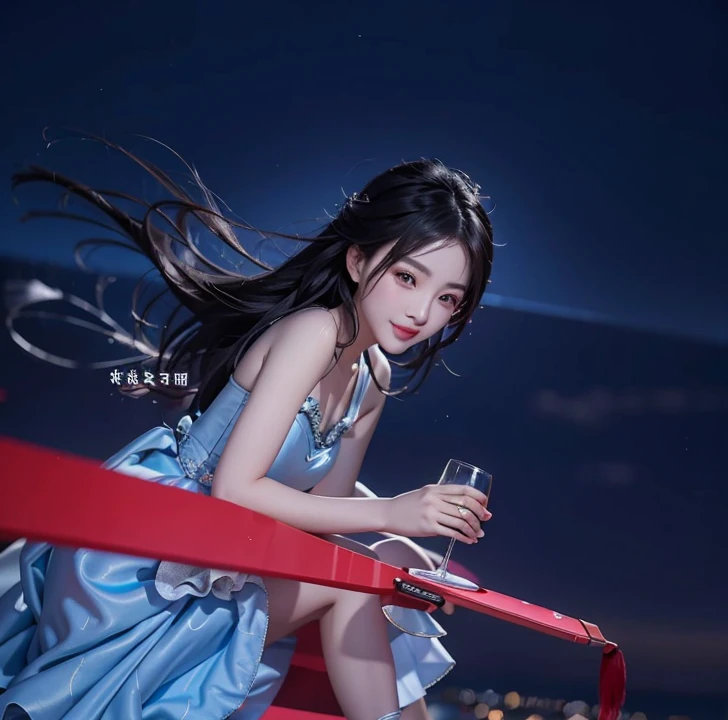 Chinese girl in a blue dress holding a glass of wine looks like a princess, guweiz, black hair, her long hair is flying away, beautiful lips with a perfect smile, realistic ultra details, high quality face